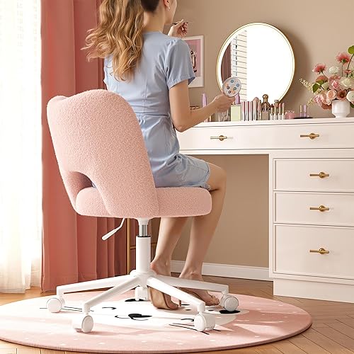 Miniatura 4 de Silla de tocador con ruedas rosa, bonita silla de tocador con respaldo, bonita silla de escritorio de forro polar ultra afelpado, silla de oficina