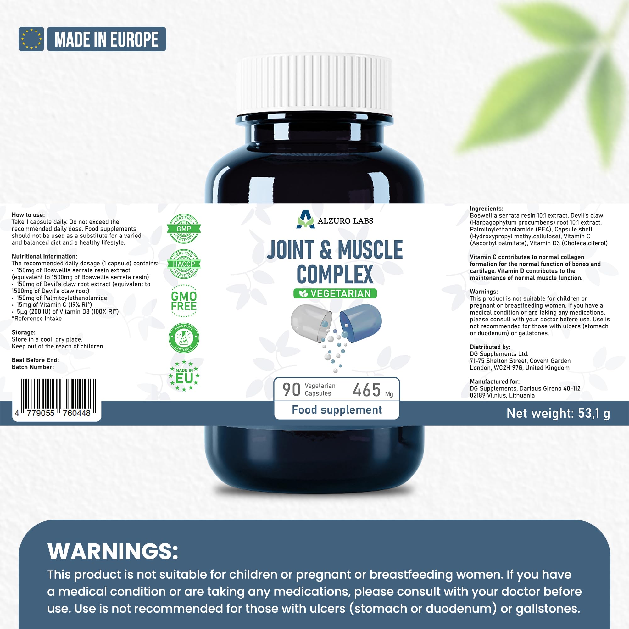 Complejo Articulaciones y Músculos 465mg - 90 cápsulas veganas | Boswellia Serrata, Garra del Diablo, PEA, Vitamina C y D3 | Antiinflamatorio, Huesos y Colágeno | Probado y GMP.
