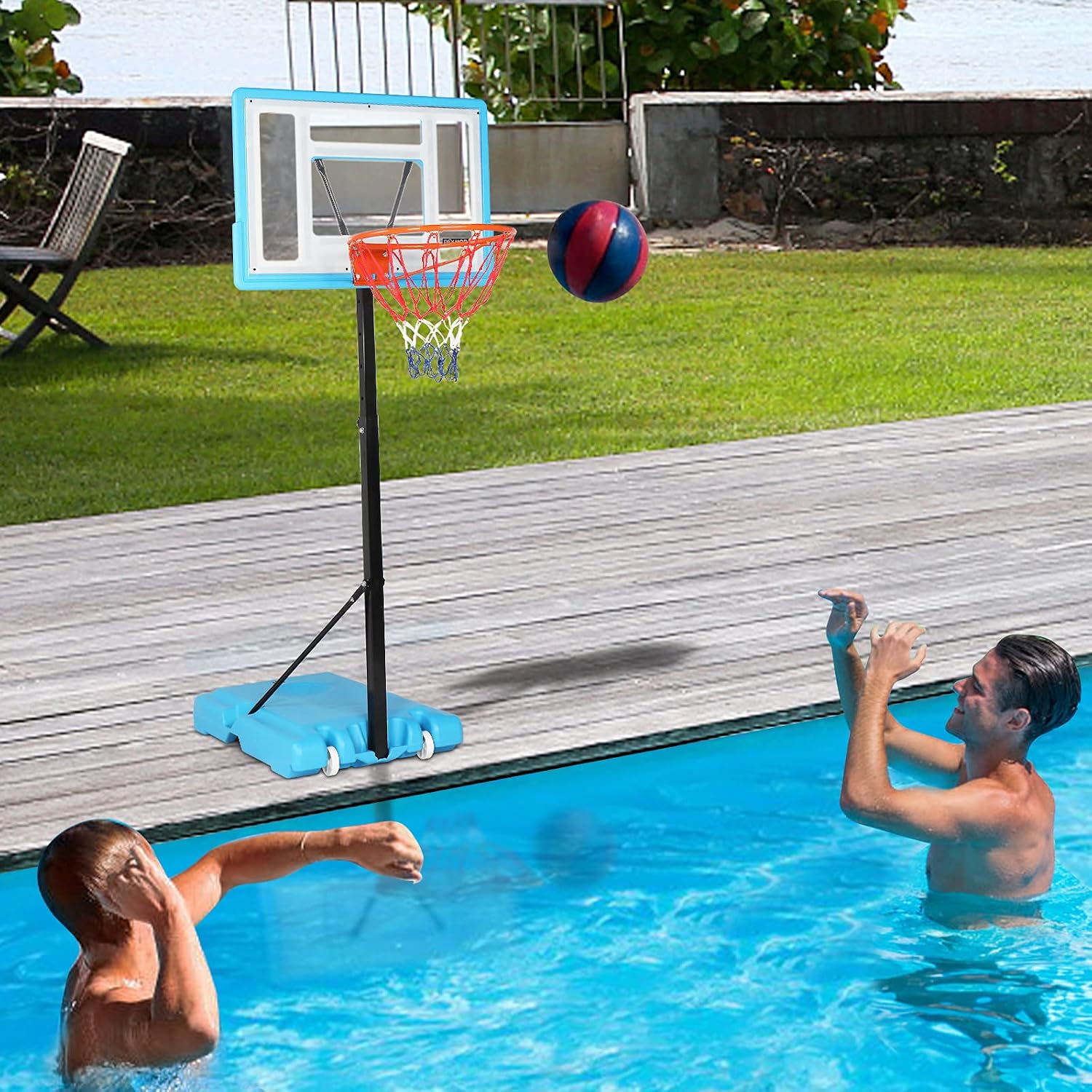 PEXMOR Poolside Basketball Hoop, Adjustable Height Swimming Pool Basketball Hoop,Upgraded System with PVC Backbord, 2 Basketball Nets (Blue)