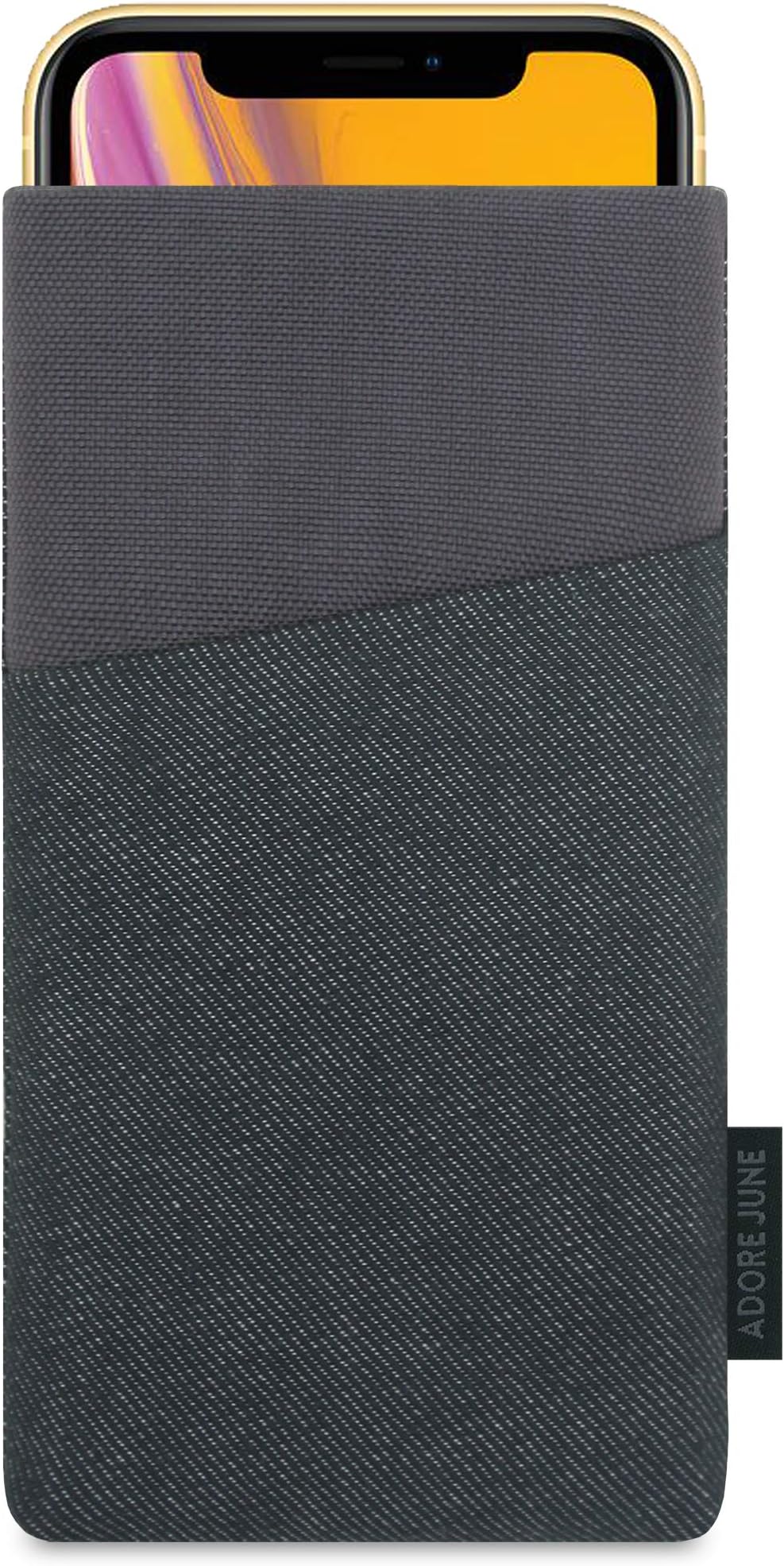 Adore June Apple iPhone XR Case, Pouch [Series Clive] Extra Pocket [Custom Made] Fabric Sleeve [Display Cleaning Effect] for iPhone XR [Black/Grey]