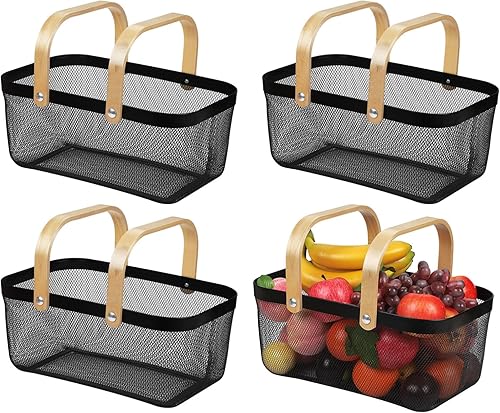 Miniatura 8 de Cesta cuadrada de alambre de metal tejida con mango de madera, soporte grande de malla negra, cestas de cocina colgantes multifunción (negro, normal)