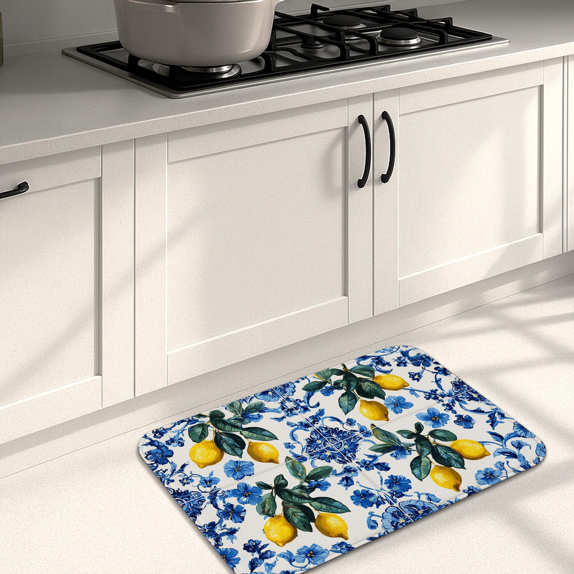 Floral Kitchen Mats for Floor, Lemon Blue Traditional Memory Foam Mats, Cushioned Comfort Washable Non Slip Decor Rugs for Kitchen Sinks Laundryroom Bathroom 16x24 Inch