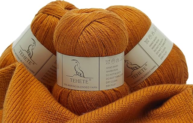 TEHETE Merino Wool Yarn for Knitting and Crochet Yarn 3ply 50g × 3 Balls Soft and Warm - Ginger
