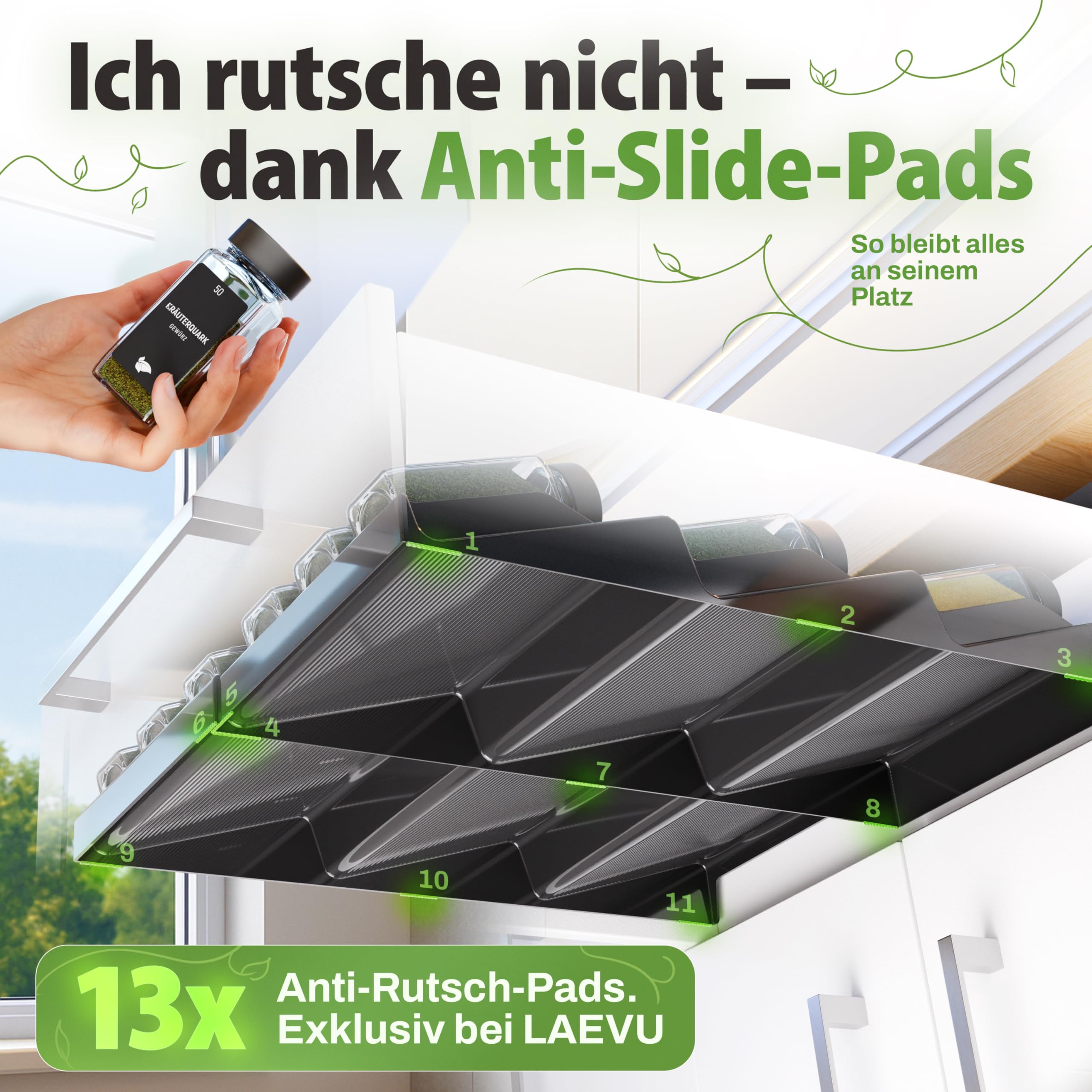LAEVU Gewürzregal Schublade mit Gläsern | Gewürz Organizer Schublade inkl. 24 Gewürzgläsern Eckig mit schwarzem Deckel | Etiketten für Gewürze & mehr | Ausziehbarer Gewürzeinsatz für deine Schublade
