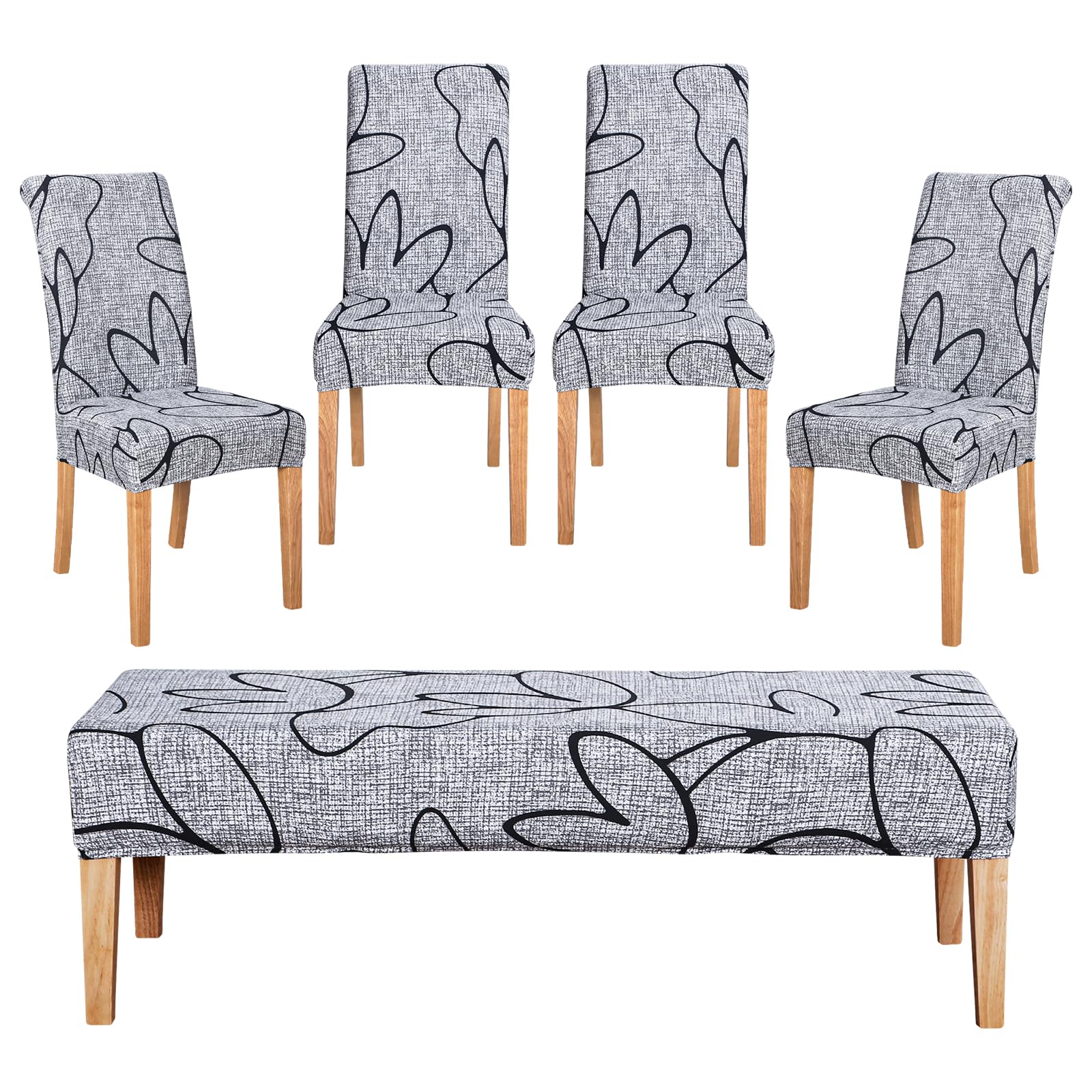 FORCHEER Dining Room Chair Covers Set of 4 with 1 PC Bench Cover Stretch Washable Printed Chair Slipcover for Parsons Removable Chair Protector（