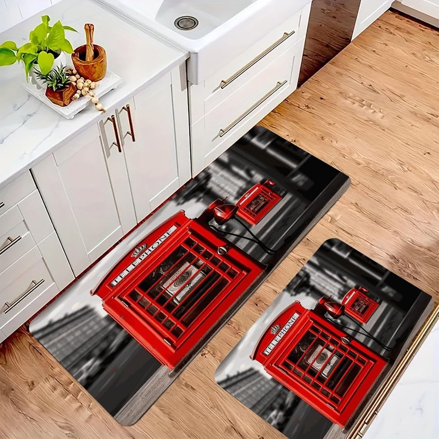 England UK Retro London Telephone Kitchen Mat Kitchen Rug Set | Kitchen Rugs Flannel Velvety Washable breathable Water Absorbent Soft ，kitchen utensils for Kitchen, Floor,Laundry