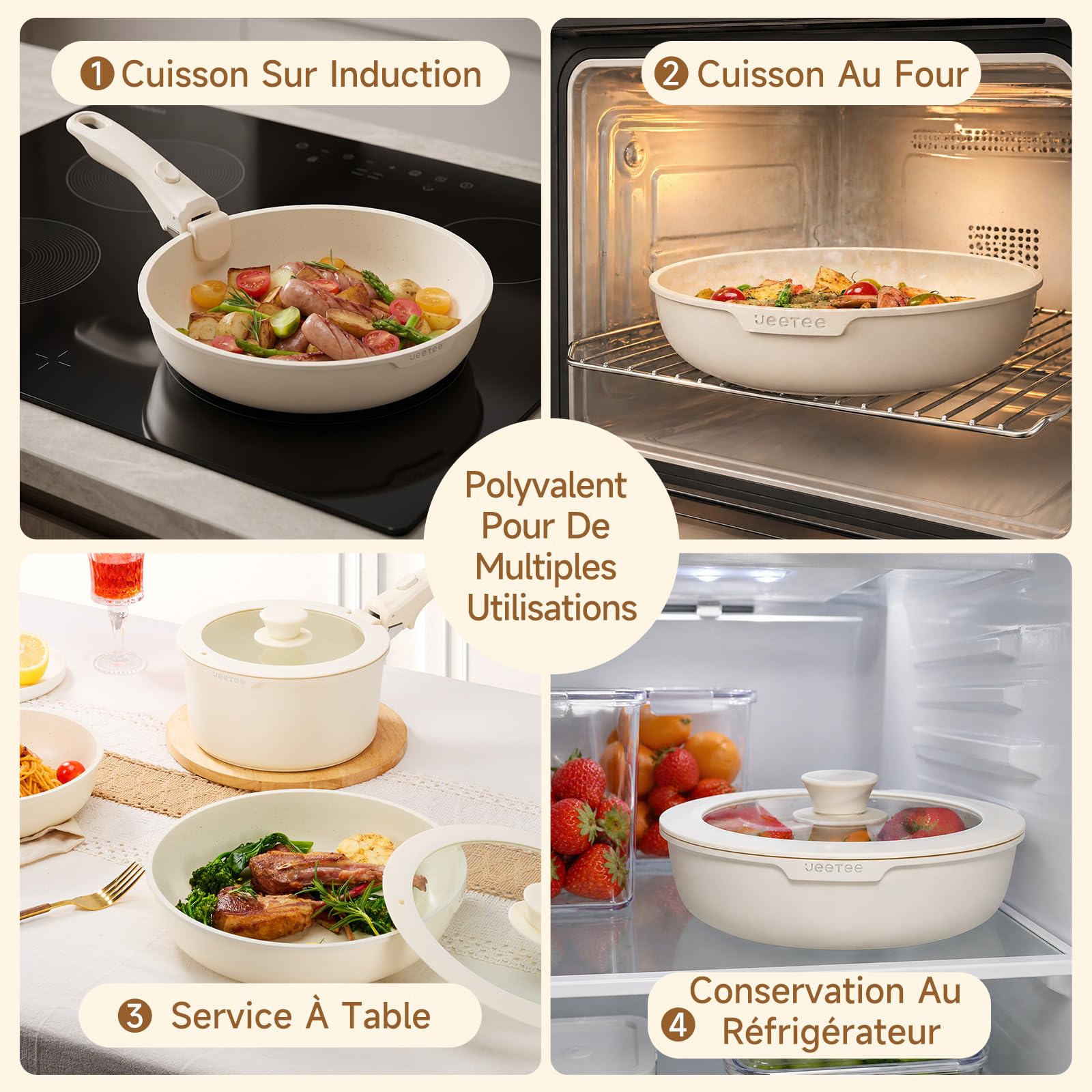 JEETEE Batterie de Cuisine Induction 17 PCS Poignée Amovible Antiadhésive | Lot Casserole et Poele Tout Feux & Four pour Camping-Car, RV, Studio, Cuisine Compacte. Revêtement Antiadhésif Sans PFOA