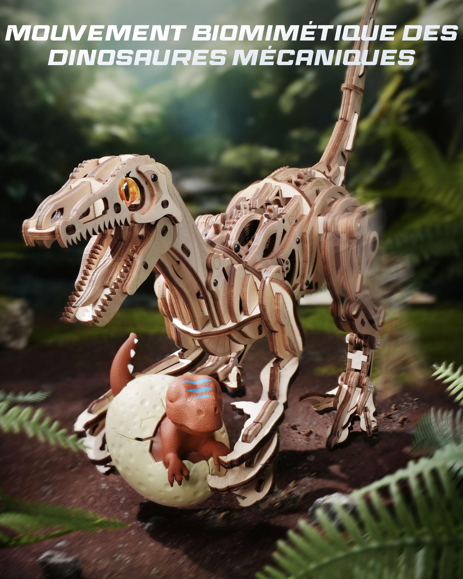 ROKR Puzzle 3D Bois Jouets de Dinosaures, Maquette en Bois a Construire Adulte Vélociraptor, Puzzle 3D Animal Marcheur Cadeaux pour Enfants et Adultes, Velociraptor, LD01