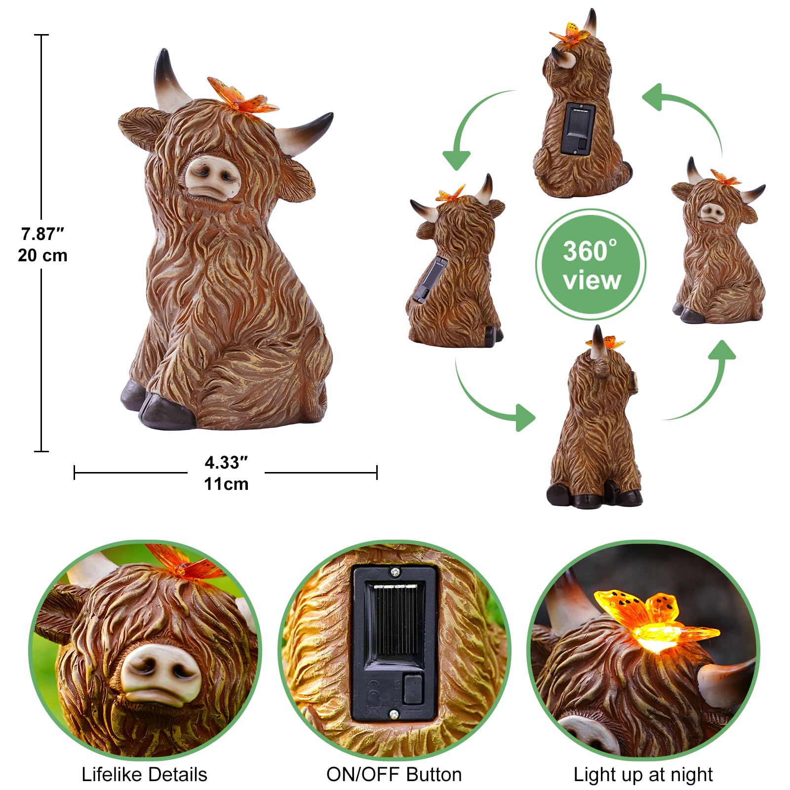 Yeomoo Figurki krowy Highland z motylem, dekoracja solarna do dekoracji ogrodu i salonu, zabawna wołowina górska, odporna na warunki atmosferyczne, figurka ogrodowa, krowy, prezent dla kobiet/mężczyzn