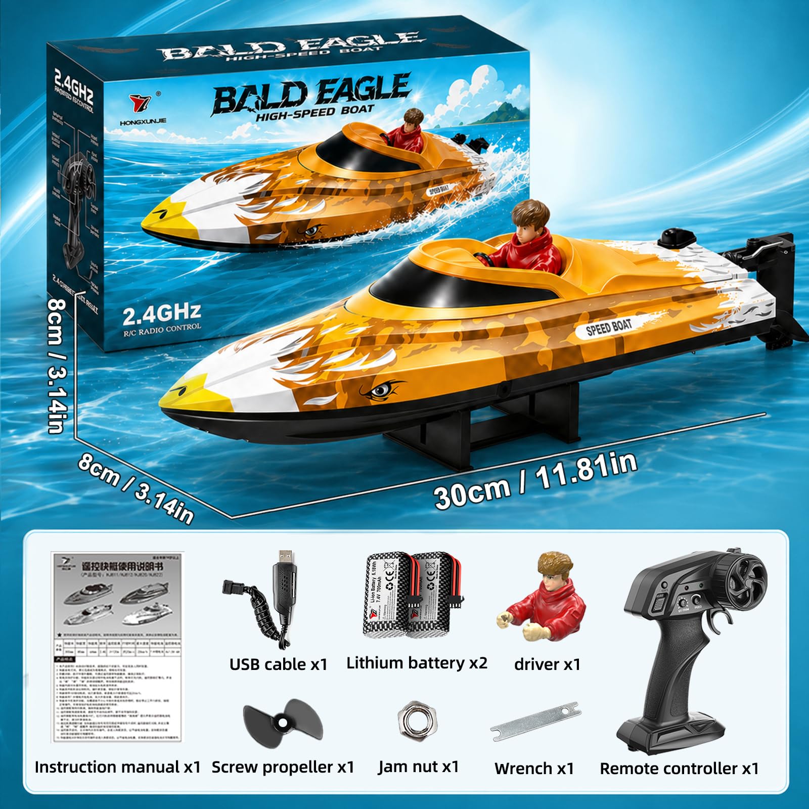 YESHIN Barca radiocomandata autoregolante per bambini 8-12 e adulti, 25 KPH veloce RC Speed Boats con luci LED, allarme batteria scarica, 2,4 GHz, giocattolo da corsa impermeabile per piscina e lago