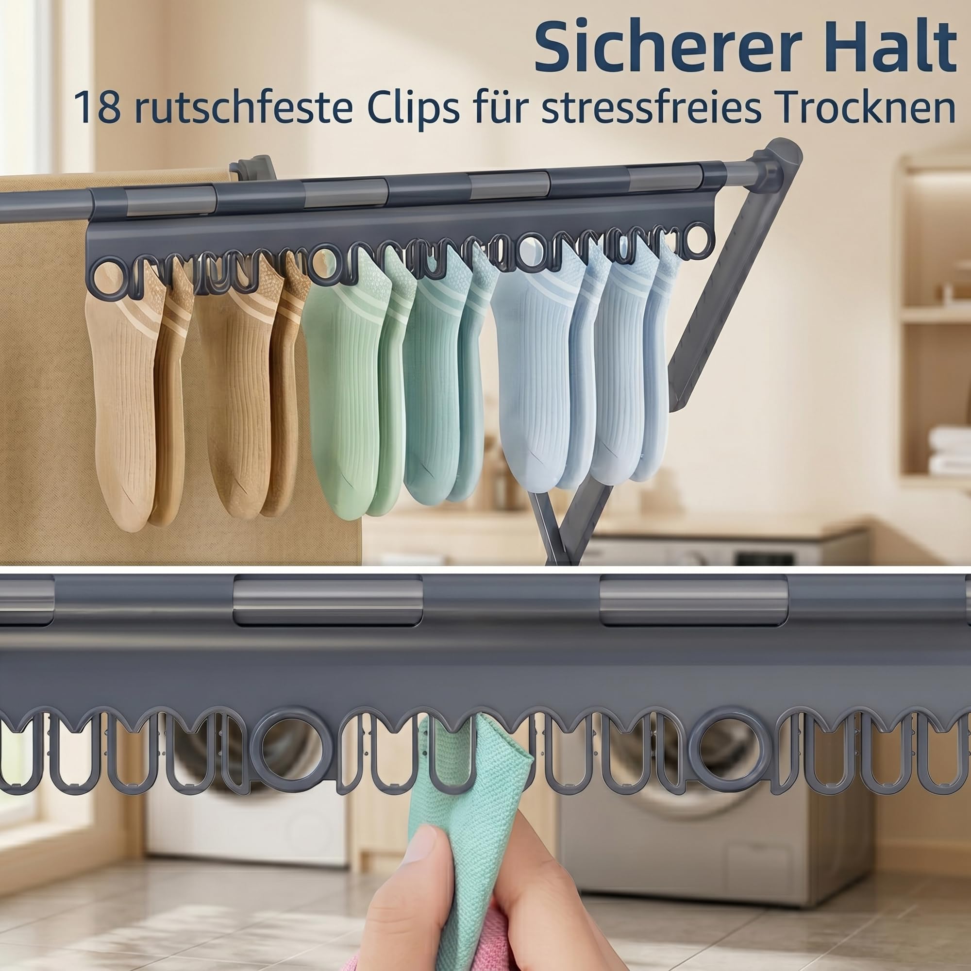 Wäscheständer Klappbar, Großer Wäschetrockner mit 12 Trockenstangen und Sockenhalter, Platzsparender Standtrockner für Innen und Außen, 22 kg Tragkraft, Leicht & Kompakt, Silber