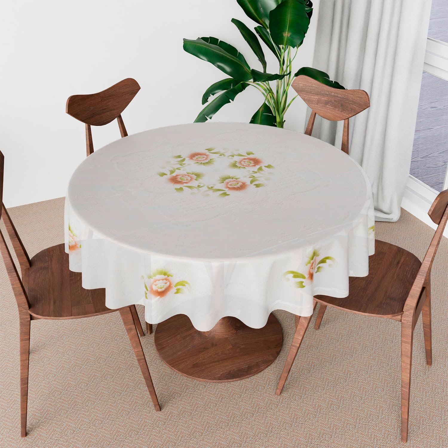 Kuber Industries Round Table Cover | PVC 4 Seater Table Cloth for Round Tables | Flower Almond Kitchen Dining Tablecloth | 60 Inch | Green