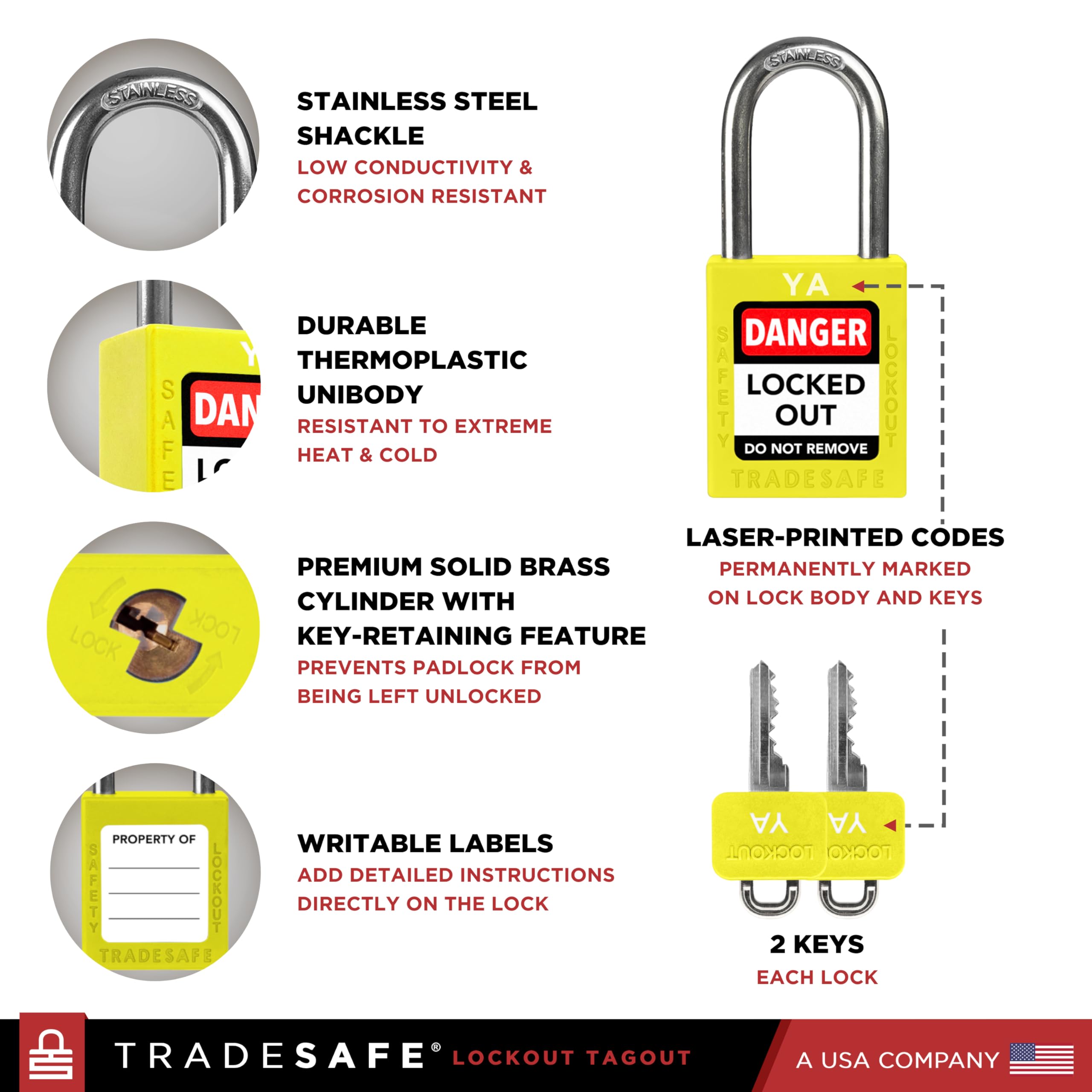Juegos de Candados de Bloqueo y Etiqueta de TRADESAFE, 10 Candados de Seguridad Amarillos con Llaves Iguales para Agrupación Ilimitada, 2 Llaves por Candado, Candados Loto Compatibles con OSHA, para