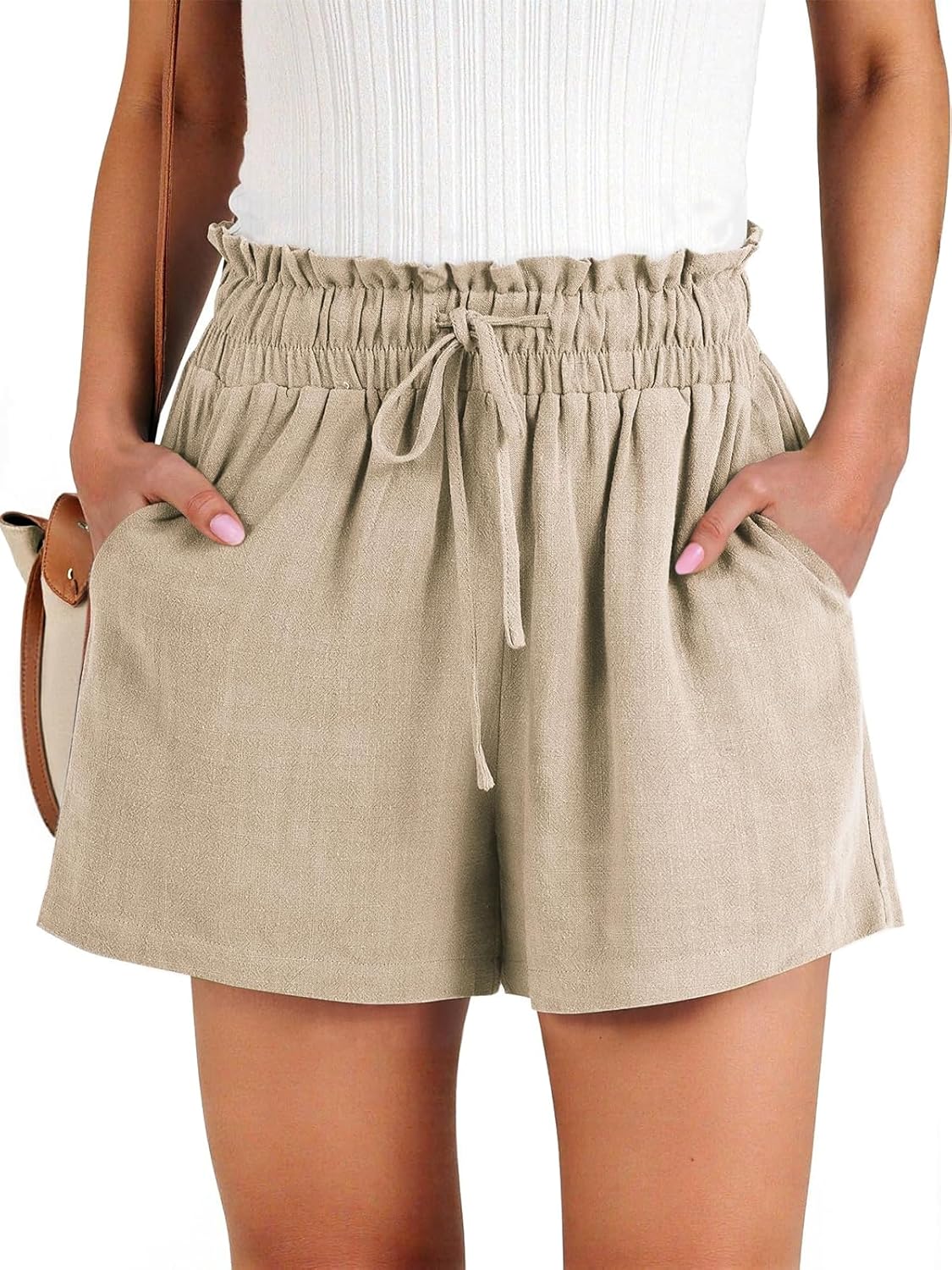 Womens Summer Elastic Waist Drawstring Shorts Ruffle Waist High Waisted Wide Leg Casual Beach Shorts with Pockets
