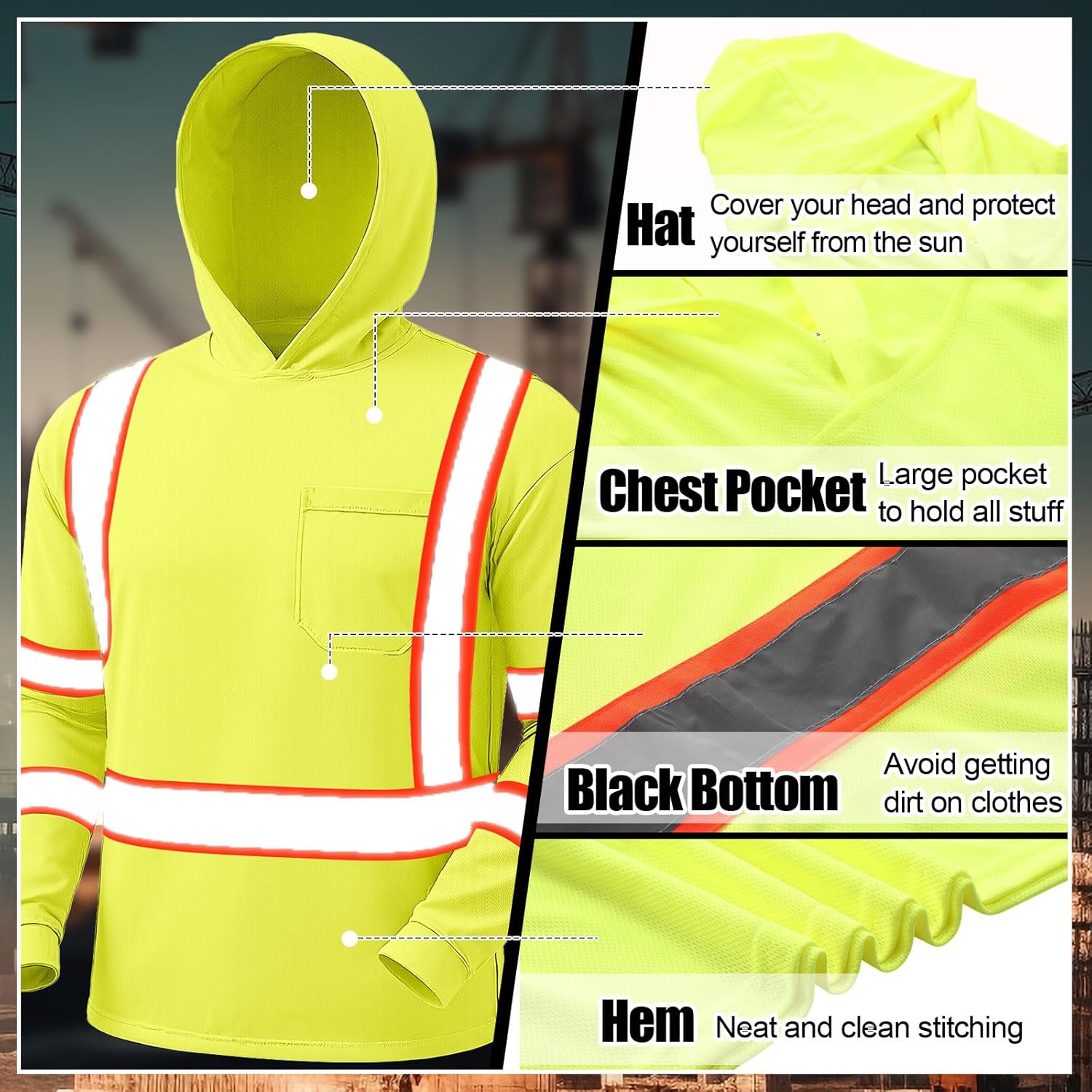 Chicingyou 4 Pcs Long Sleeve Safety Shirt with Hood Reflective High Visibility Work Shirts Sun Protection Construction for Men Women, Class 3 (XL, Yellow)