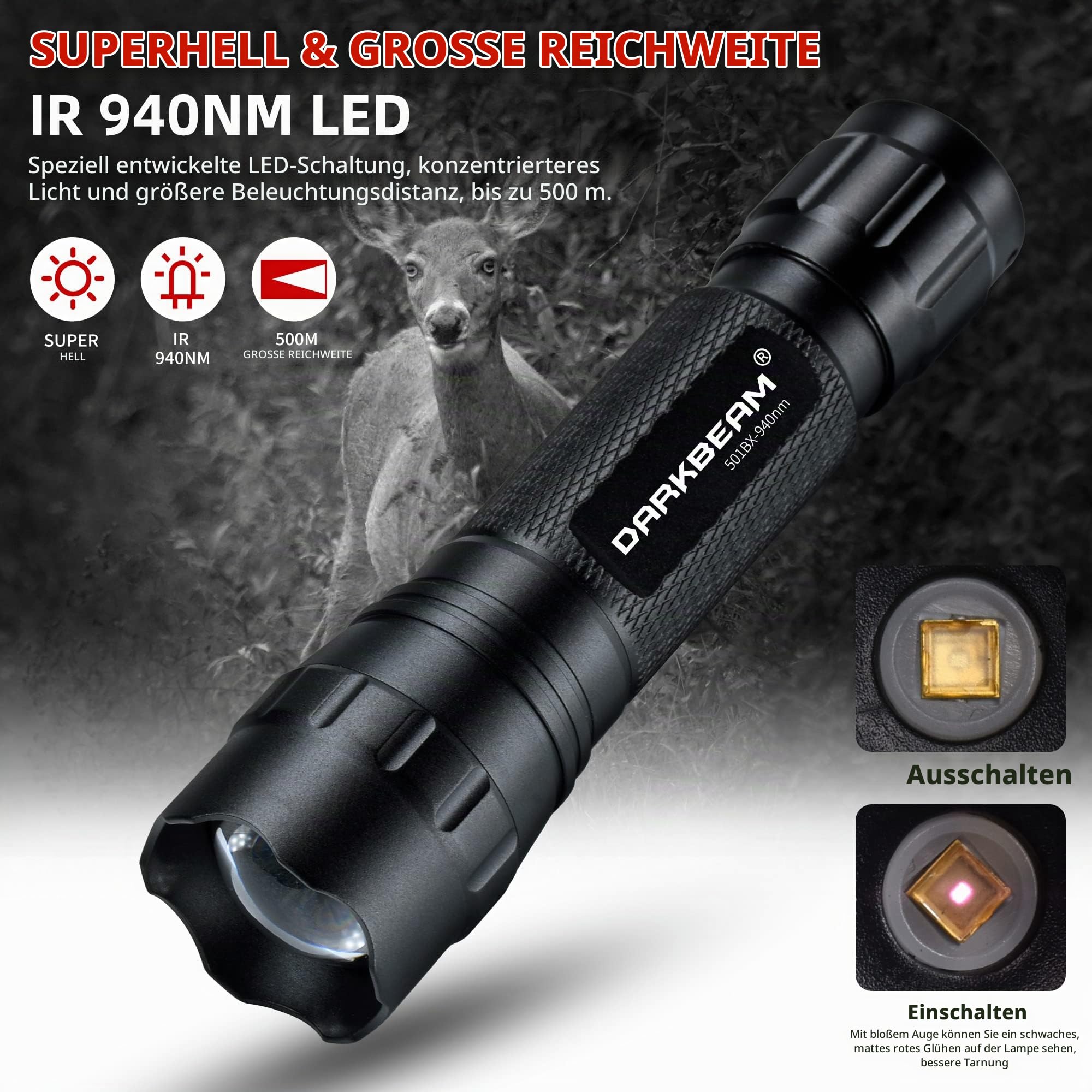 DARKBEAM Infrarot-Taschenlampe nachtsicht 940nm LED-Infrarot-Licht 10W | Arbeit für Nachtsichtgeräte, Zoombare Unsichtbare IR-Strahler mit Akku Wiederaufladbare für Jagd, Beobachtung, Rettung, 501BX