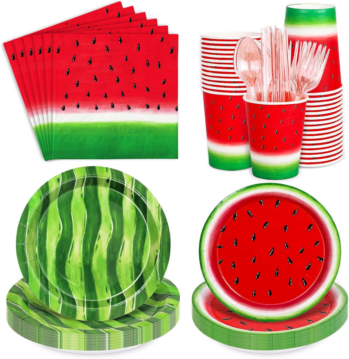 FYSUIMU Watermelon Party Supplies Kit Summer One in a Melon Tableware Set Disposable Paper Plates Cups Napkins Forks Knives Spoons for 25 Guests Birthday Baby Shower