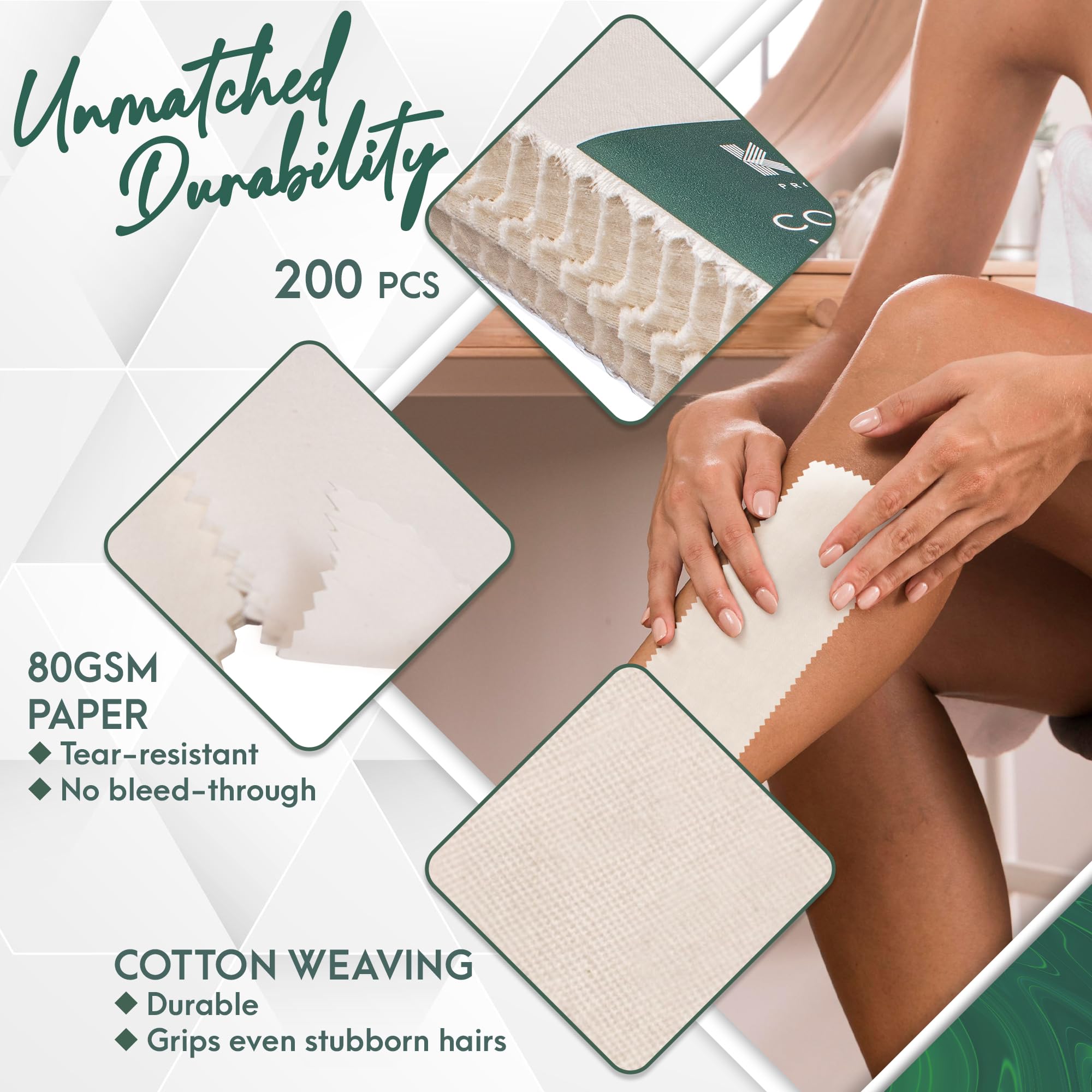 Kumi Stoffwachsstreifen 200 Stück - Professionelle Wachsstreifen, Perfekt für Weich- & Cremewachs, Große Abdeckung für Rücken, Arme, Beine & Körper, Reißfest, Kein Durchbluten, Langlebige