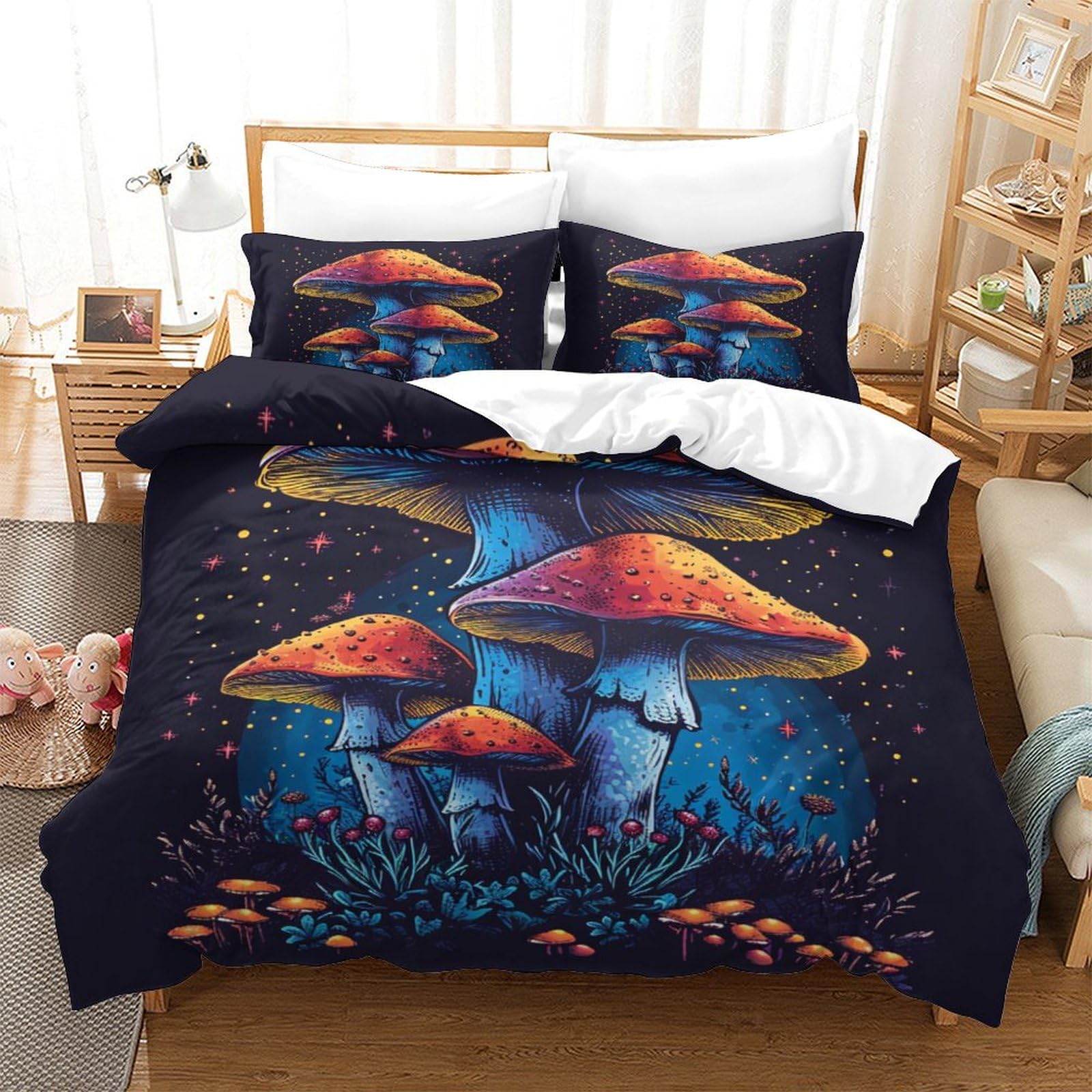 P1S9U7W5Y Fantasy 3D Printed Mushroom Duvet Cover Set 3pcs Microfiber Mushroom Bedding Set SuperKing