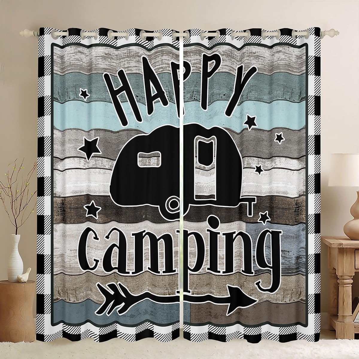 Camper Curtains for Bedroom & Living Room - Kids Buffalo Check 30%-50% Blackout Curtains - Happy Camping Window Drapes - RV Window Treatments - Cartoon Camping Car W66*L72 โ image 1