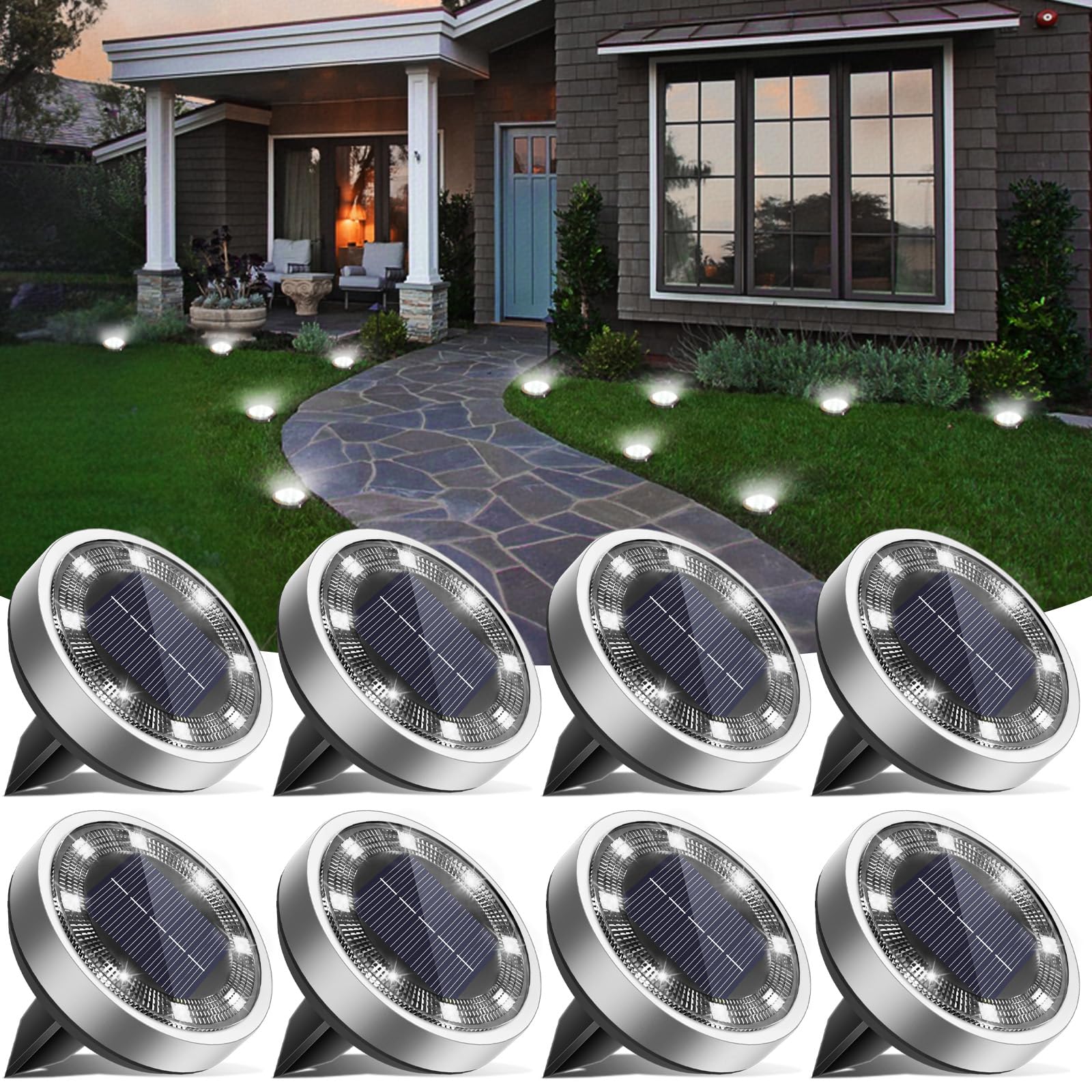 vighep Solar Lights Outdoor Garden, 8 Pack Super Bright Led Solar Ground Lights, IP65 Waterproof Disk Light