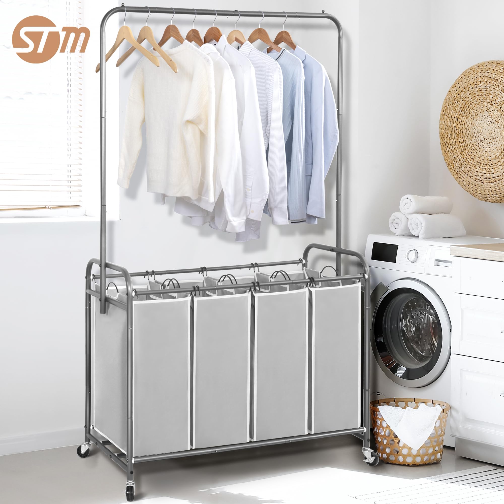 STORAGE MANIAC Carrello portabiancheria con barra sospesa, portatile, rimovibile, con ruote bloccabili resistenti e borse rimovibili, organizer per biancheria da 181 l, 4 sezioni