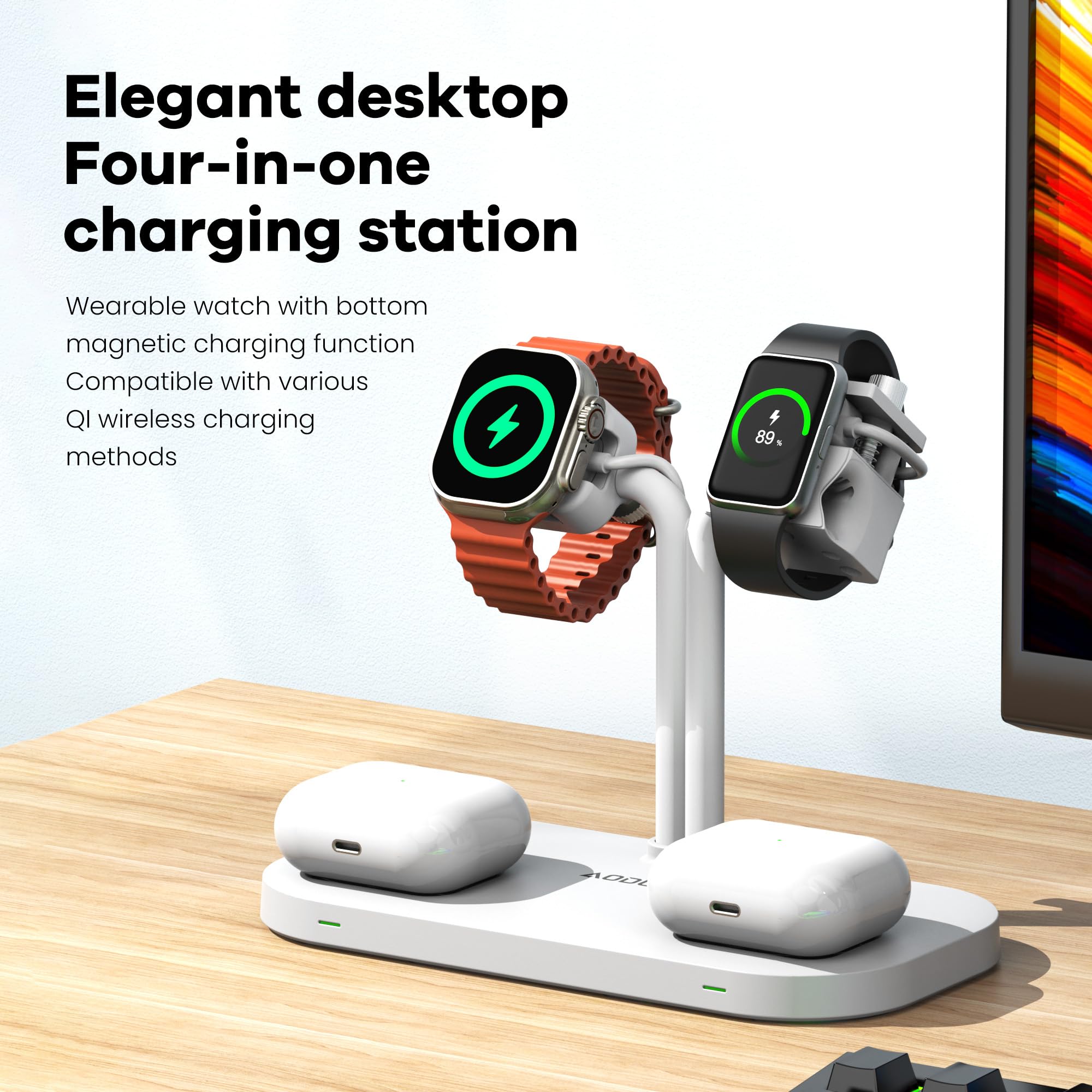 Stazione di ricarica 4 in 1, caricabatterie wireless per doppio telefono e supporto per smartwatch/cinturino, compatibile con iPhone, Samsung e Google, per AirPods, Galaxy Fit, Xiaomi, Amazfit