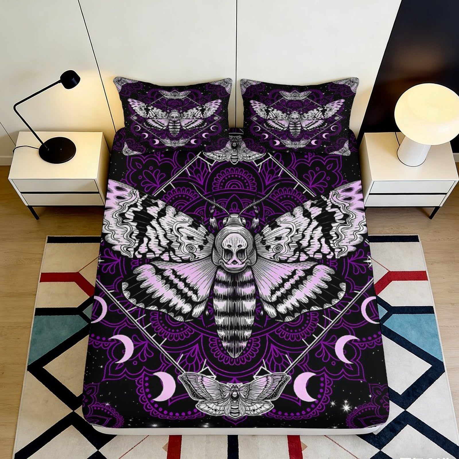 3D Printed Mystic Moth Fitted Sheet Microfiber Non-Slip Deep Pocket Moon Mattress Fitted Cover All-Age Washable Bedding Set 200x200x25cm