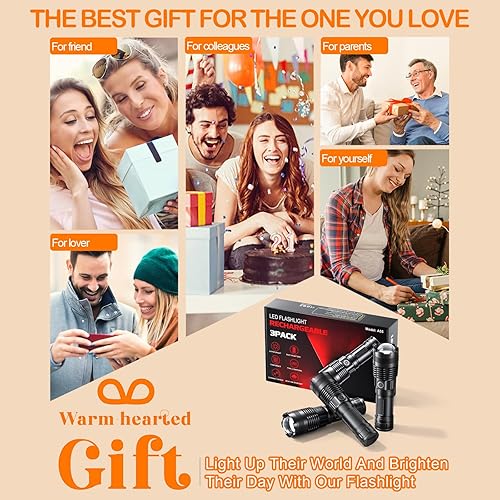 Miniatura 7 de Linternas recargables de alto lúmenes, paquete de 3 linternas tácticas súper brillantes con modos de iluminación ajustables, luz LED de mano con