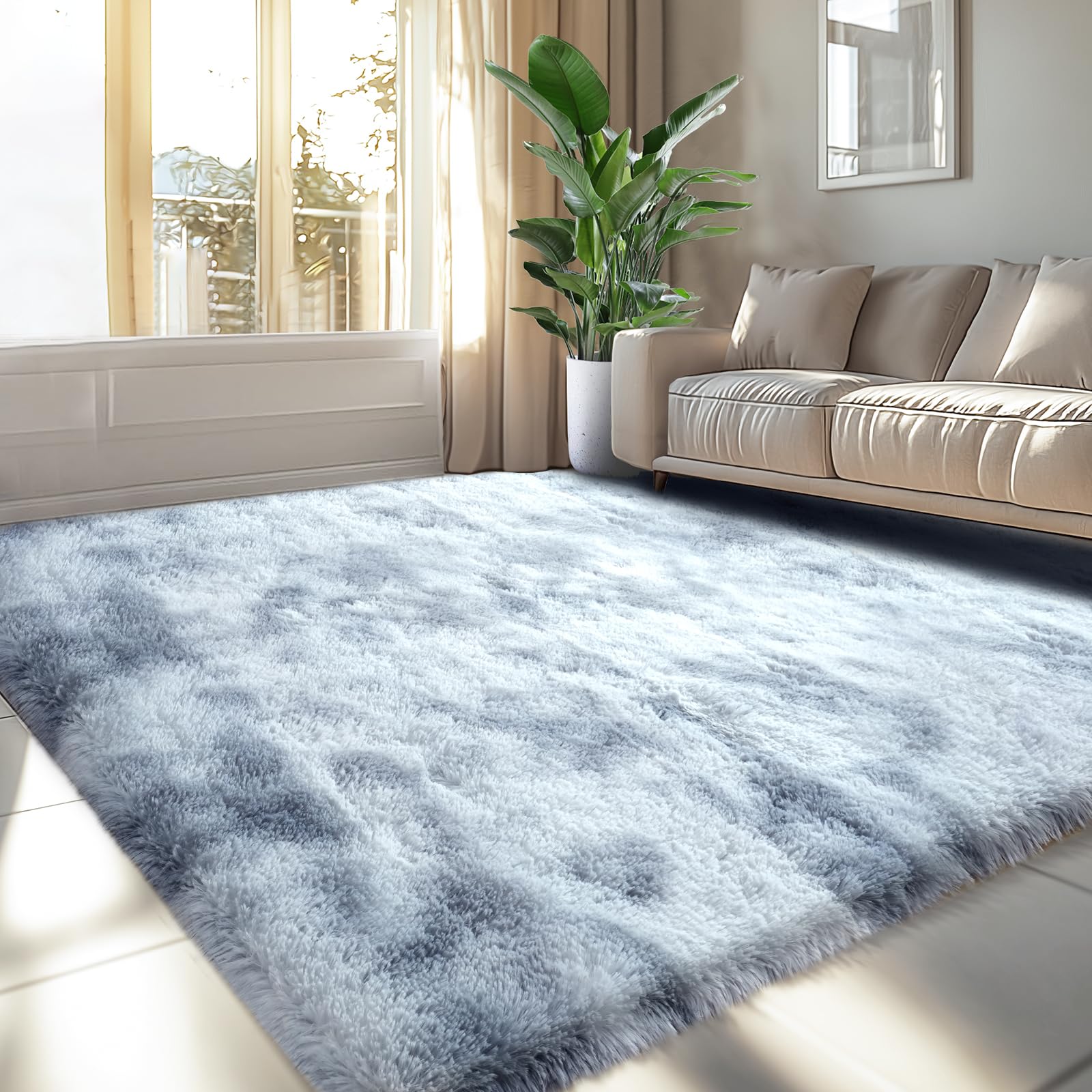 Fluffy Area Rug for Living Room: 6x9 Shag Rugs for Living Room- 6x9 Feet Fluffy Rugs- Shag Tie-Dyed Light Grey Rugs Soft Fuzzy Carpets for Bedroom,