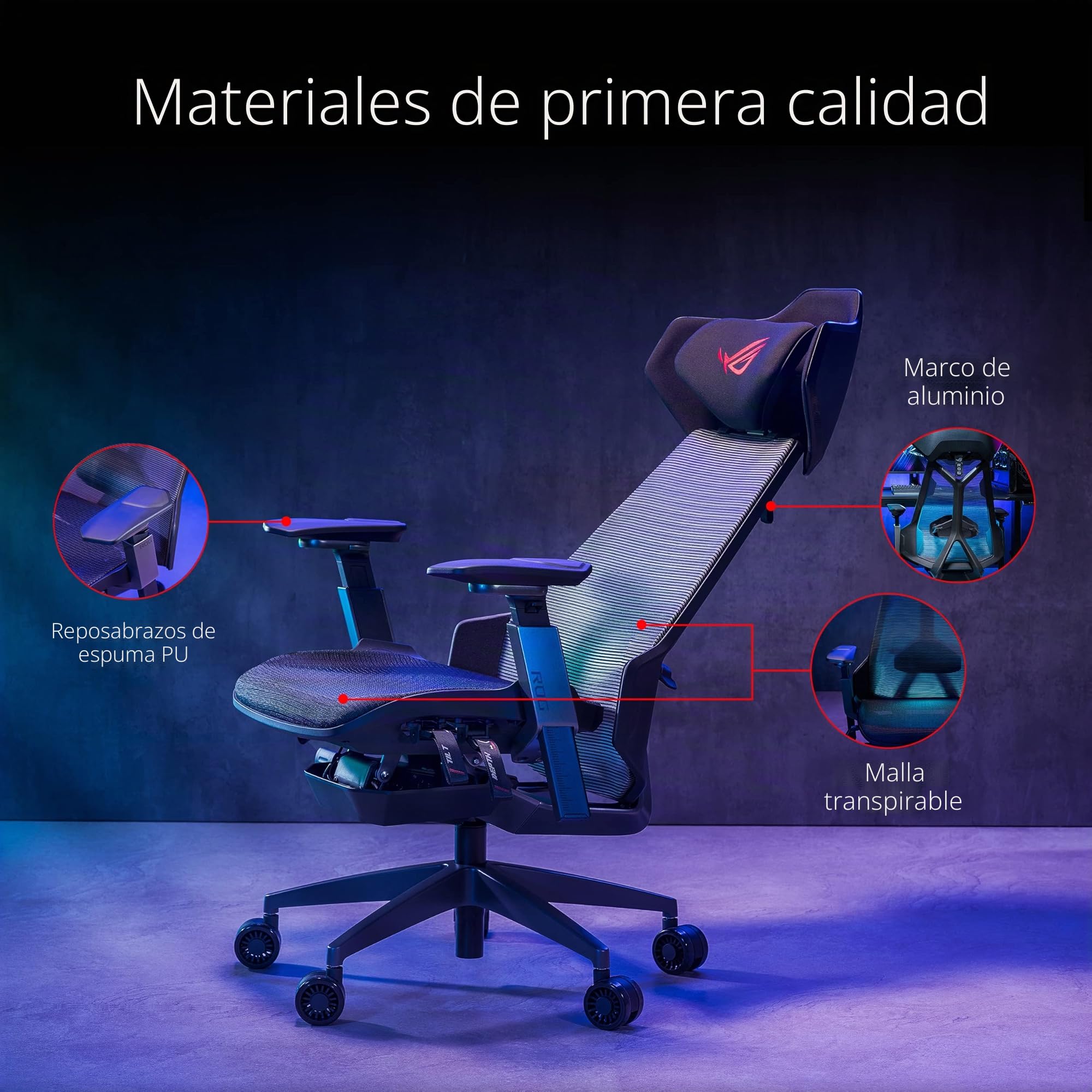 ASUS ROG Destrier Ergo - Silla Gaming Ergonómica (reposacabezas, Lumbar, reposabrazos y Asiento Ajustables, Respaldo con 4 Posiciones, Mobile Gaming Mode, Estructura de Metal, Malla) Color Negro