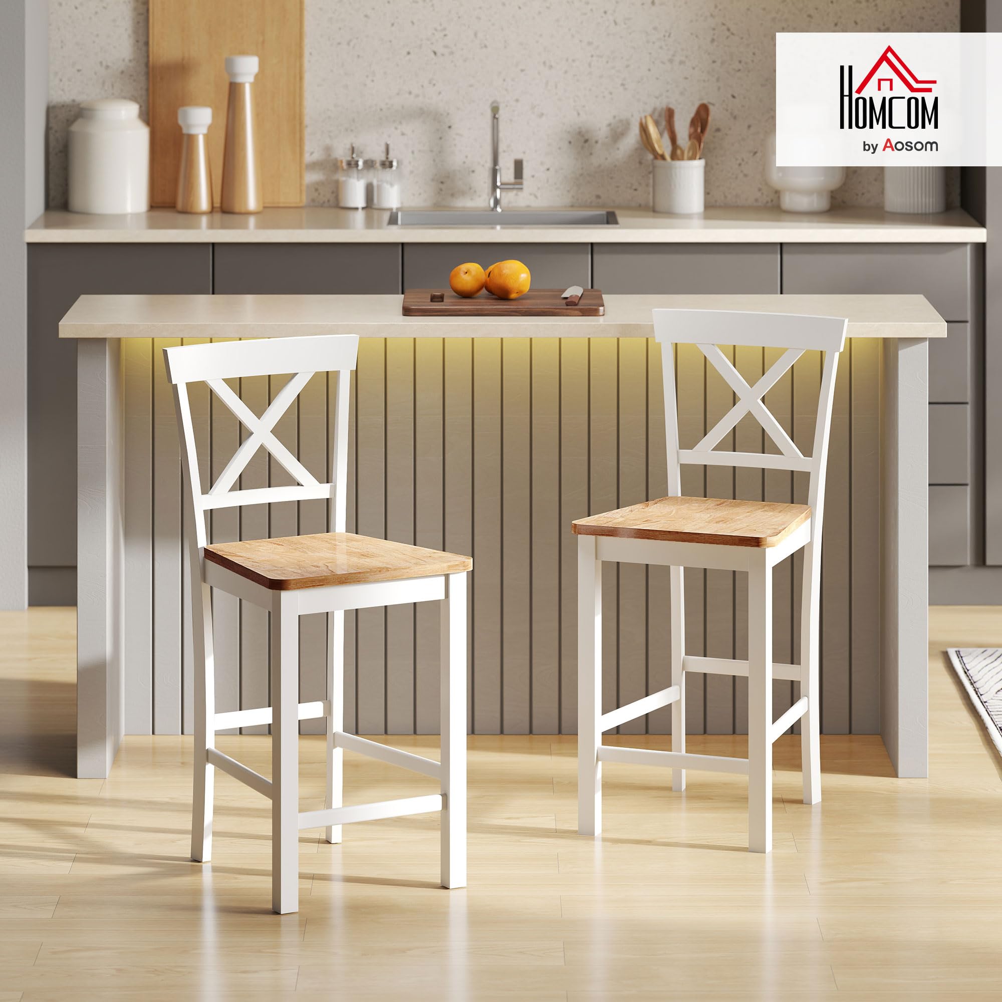 HOMCOM Barhocker 2er Set Armlose Küchenstühle mit Rückenlehne, Eiche