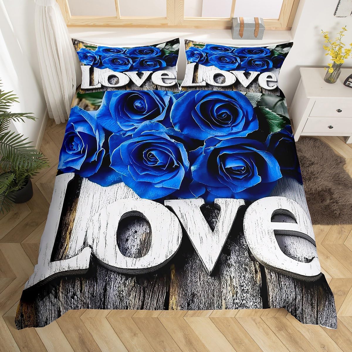 Erosebridal Valentine's Day Bedding Blue Rose Comforter Cover Rose Love Romantic Moment Print Duvet Cover with 2 Pillowcases Romantic Bedspread Blossom Rose Flowers Bedding Elegant 3 Pcs Full Size