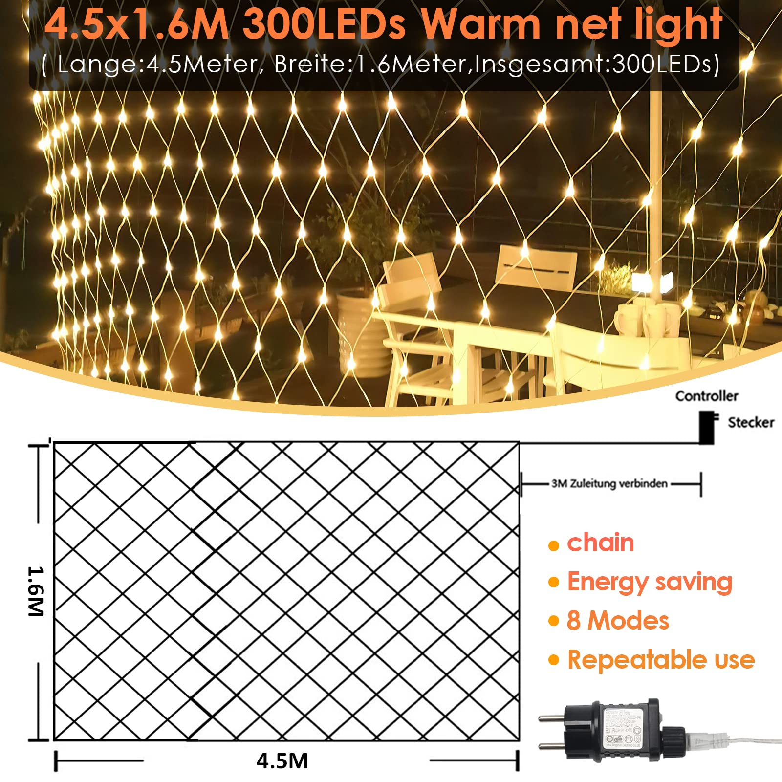 Ikodm Siatka świetlna LED, 300 diod LED, ciepła biel, dekoracyjna lampa do użytku wewnątrz i na zewnątrz, z wtyczką (4,5 x 1,6 m, 8 trybów)