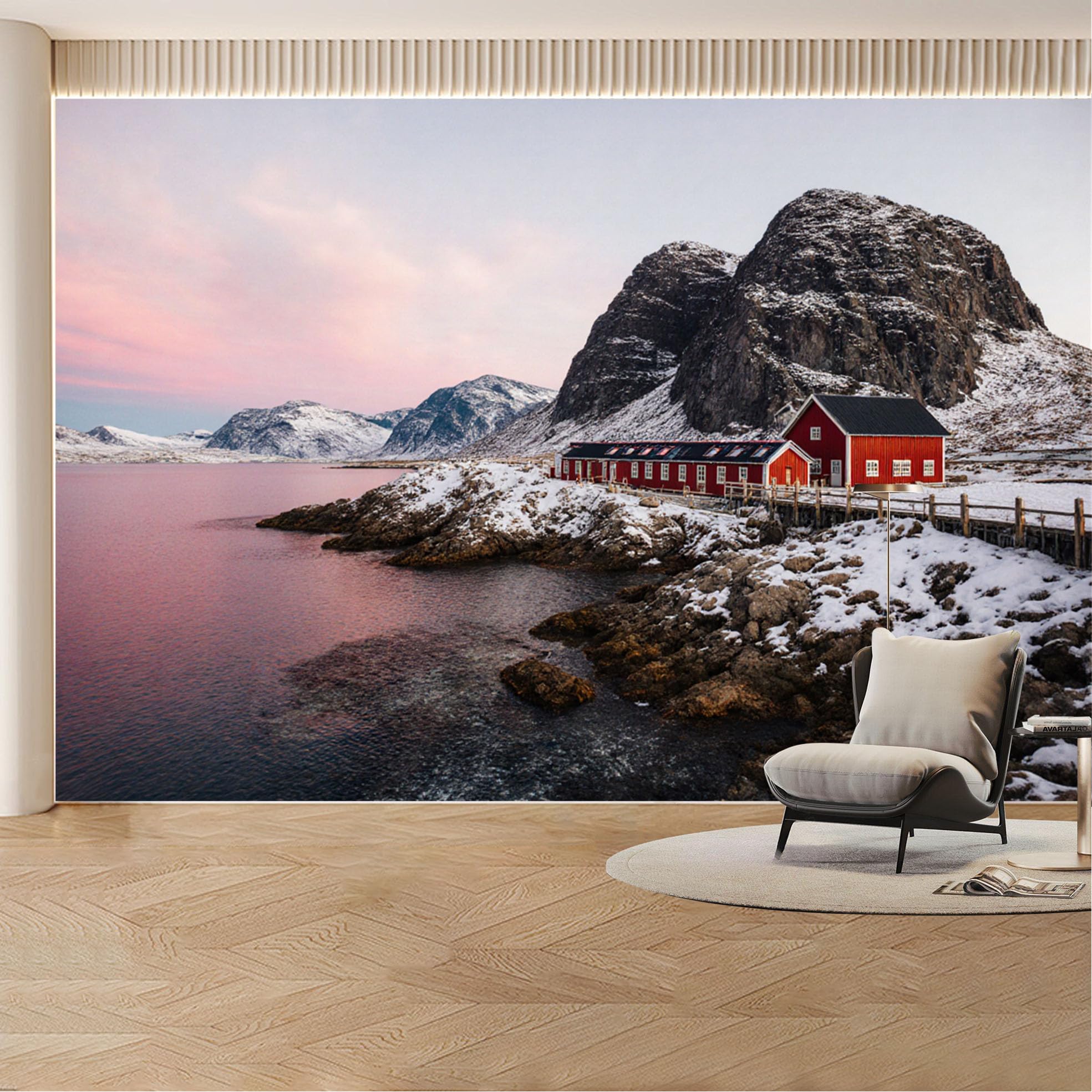 Custom Wall Mural Wallpaper Snowy Mountain Red Cabin Landscape 3D Effect Wall Decor Large Wall Art Nordic Misty Sunset Removable SelfAdhesive Large Photo for Living Room， Bedroom， Office