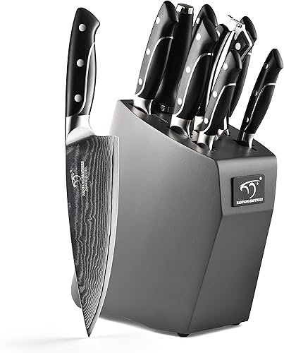 Miniatura 14 de Juego de cuchillos de cocina de Damasco de 18 piezas, 8 cuchillos de carne, mango ergonómico de ABS antideslizante triple remache para tenedor de