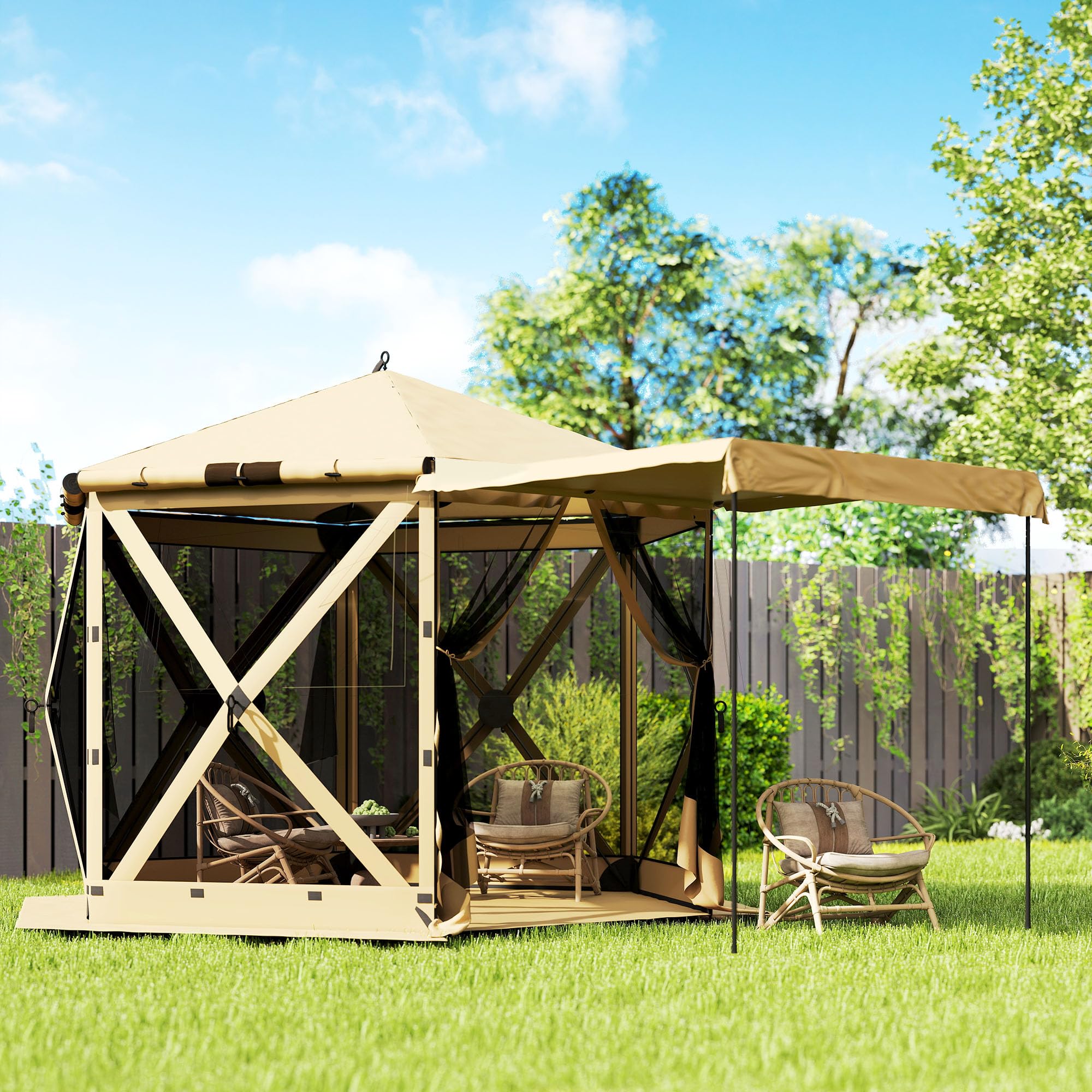 Outsunny 3mx2.6m Gazebo Esagonale con Tappeto impermeabile Cachi