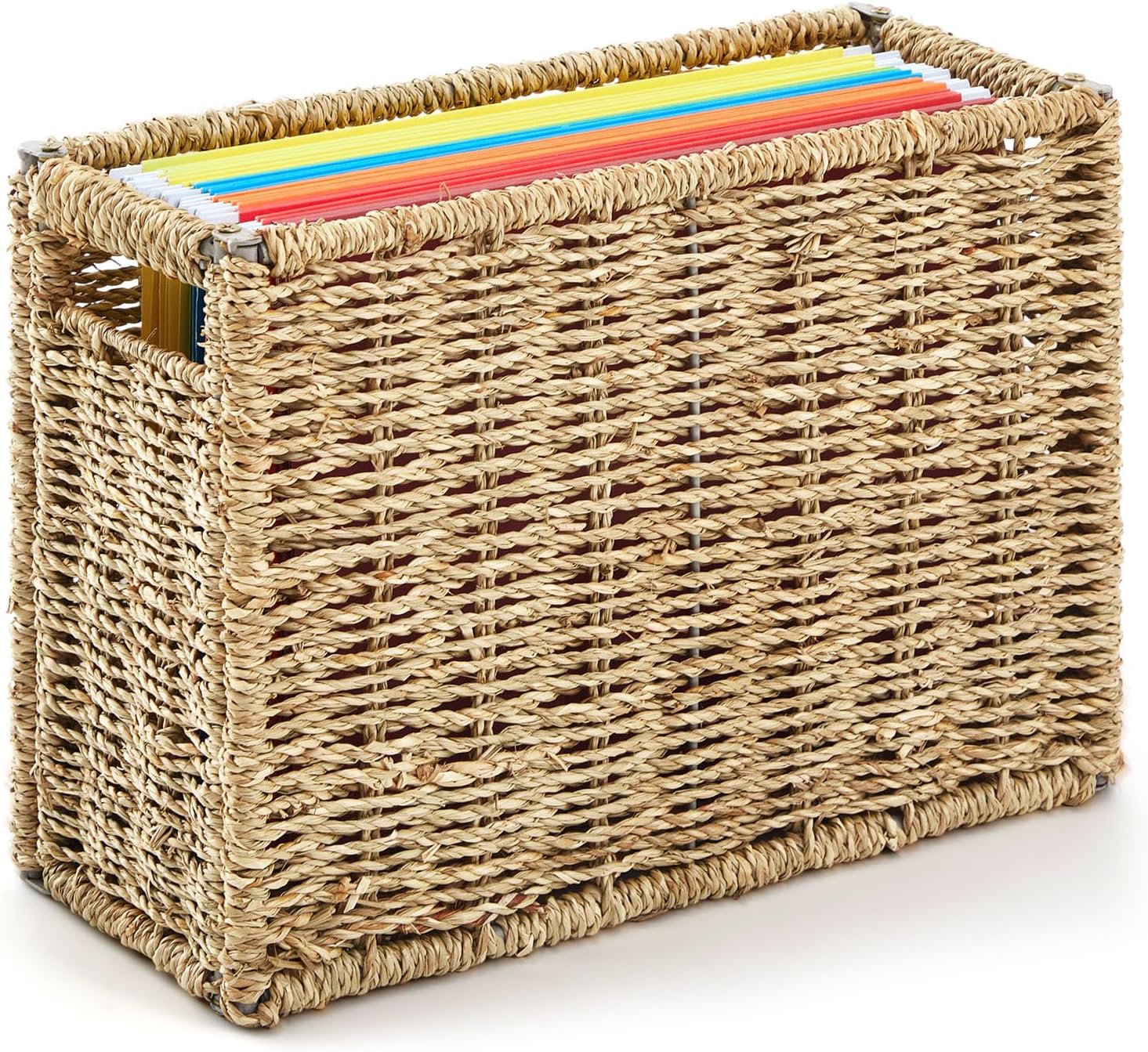 Teenyyou 1 Pack Seagrass Hanging File Box 14.5 x 6 x 10.8 Inch Decorative File Basket Woven Document Organizer with Handle Collapsible Letter Size Filing for Office Home Storage Decor