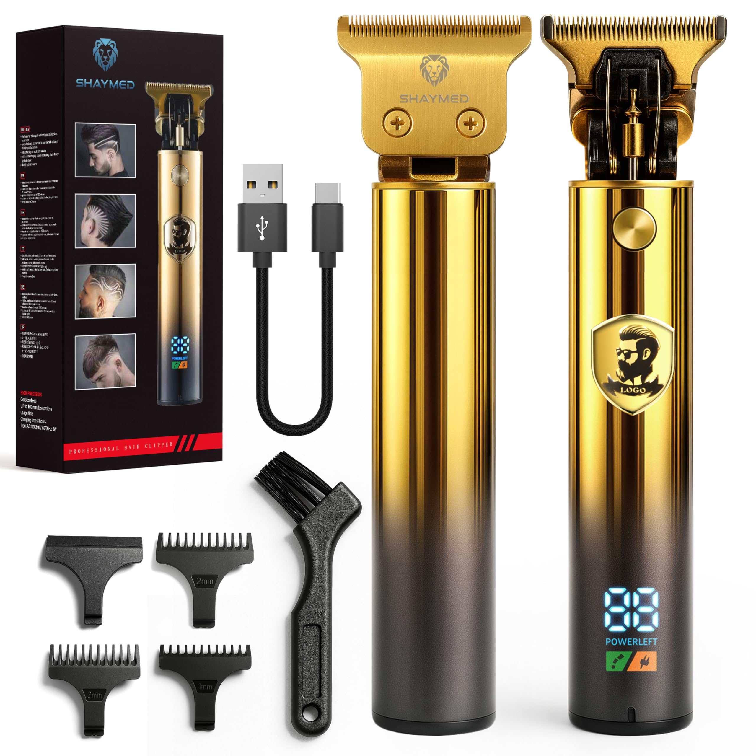 Recortadora de barba hombre, máquina de afeitar, rasuradora hombre SHAYMED vintage inalámbrica, cortapelos maculina profesional 7500 RPM, cuchillas de acero, baterÃa 1200 mAh, LCD, IPX3, 90 min