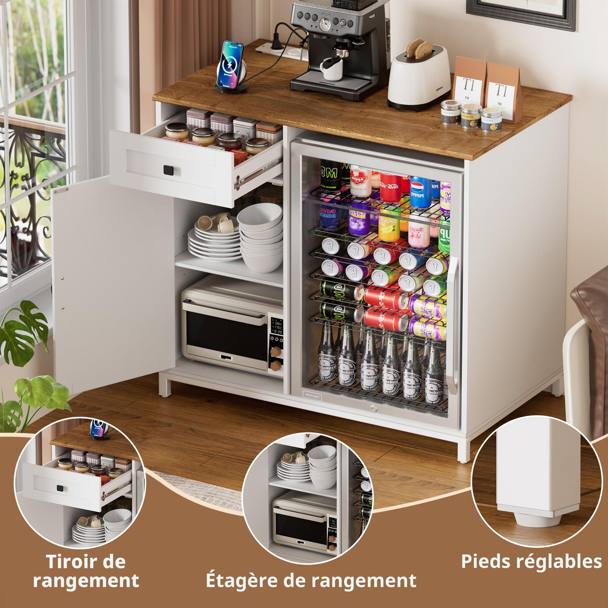 MSFE 2en1 Buffet Cuisine avec Multiprises, Support pour Mini Frigo avec Meuble de Rangement, Meuble Cuisine avec Tiroir et Portes pour Salle à Manger Salon Dortoir Bureau 95x53.6x99 cm, Blanc