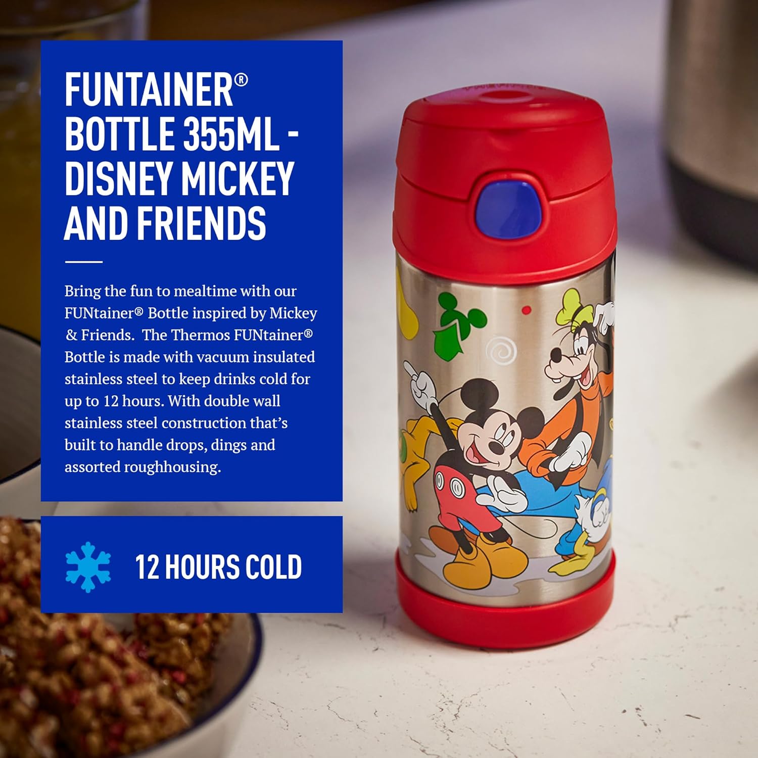 Thermos - Mickey & Friends Water Bottle (355ml) - BPA Free, Stainless Steel, Spill Proof, Pop-Up Straw, Disney Kids Flask with Personalised Name Labels & Carry Handle for 12-Hour Cold Drinks