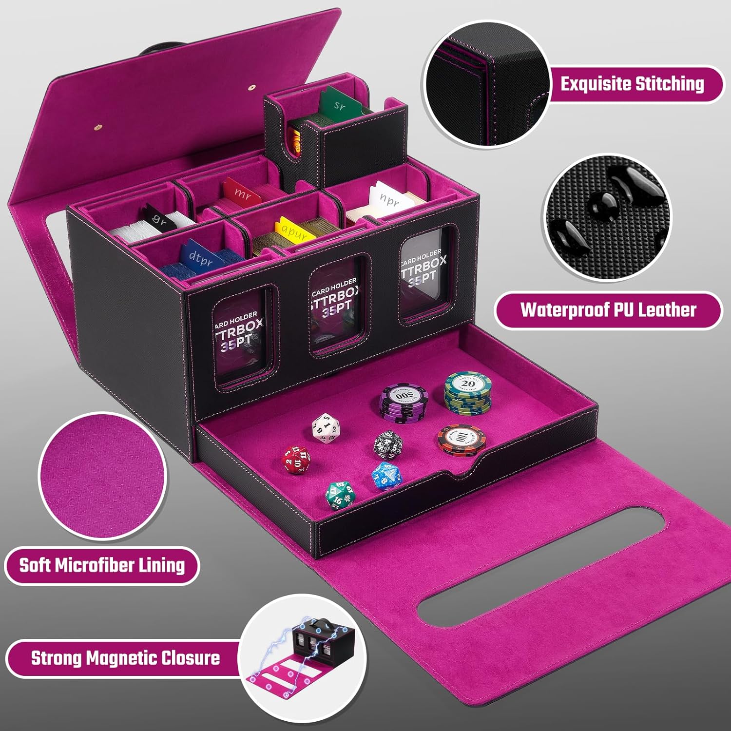 Commander Deck Box for MTG & TCG,Trading Card Storage Box with Handle,7 IN 1 Card Deck Case with display window,6 Magnetic Card Holders,1 sieve tray,6 Card Case,10 colored card(Black&Purple