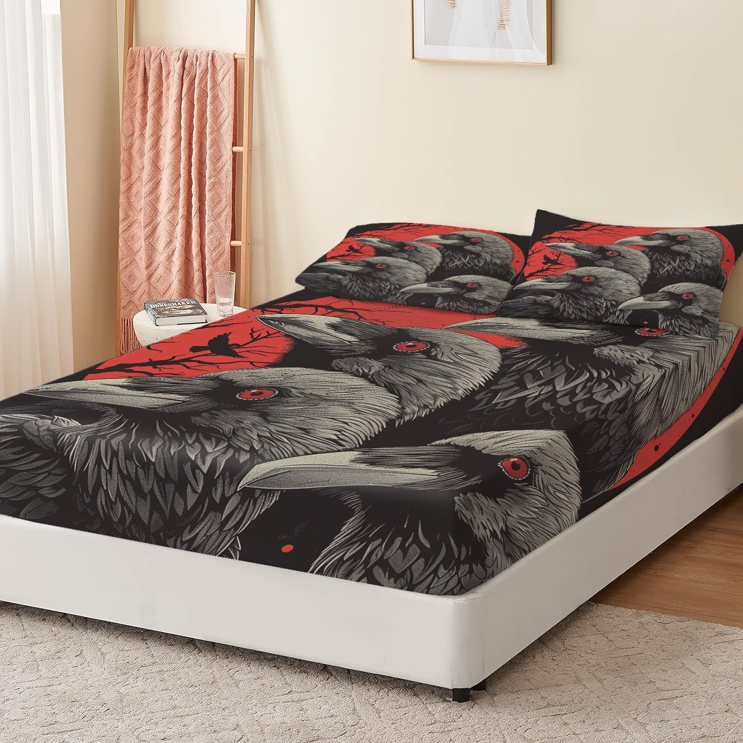 Print Fitted Sheet Set Queen Size for Kids Boys Girls, Bed Sheets Animal Red Eyes Crow Pattern Fitted Sheet Adults Flat Sheet Soft Luxury, Home Room Decor 4Pcs