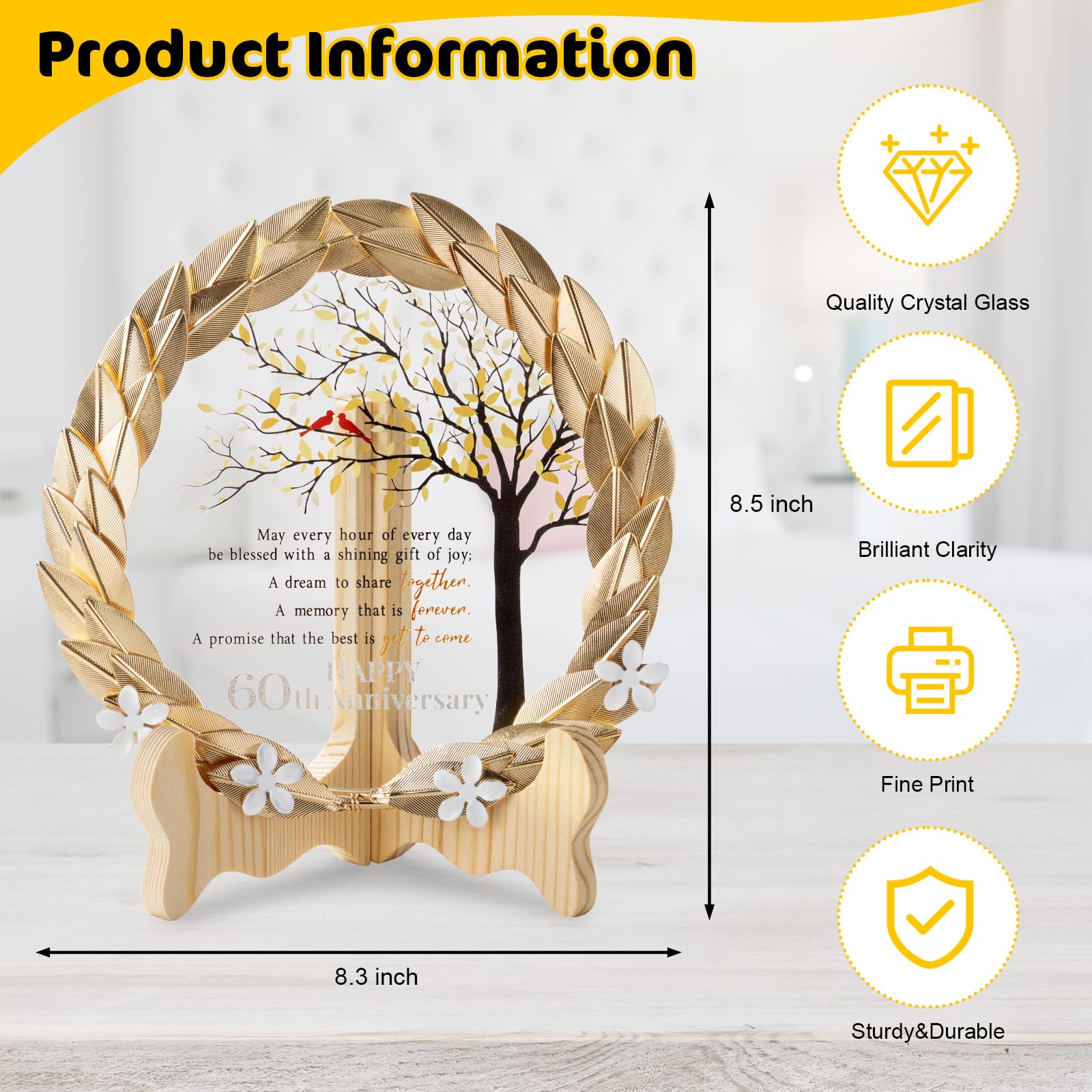 60th Anniversary Wedding Gifts Crystal Plate with Gold Leaf Wreath - 60 Years Anniversary Wedding Unique Gifts Ideas for Parents Couple - Cardinal Style