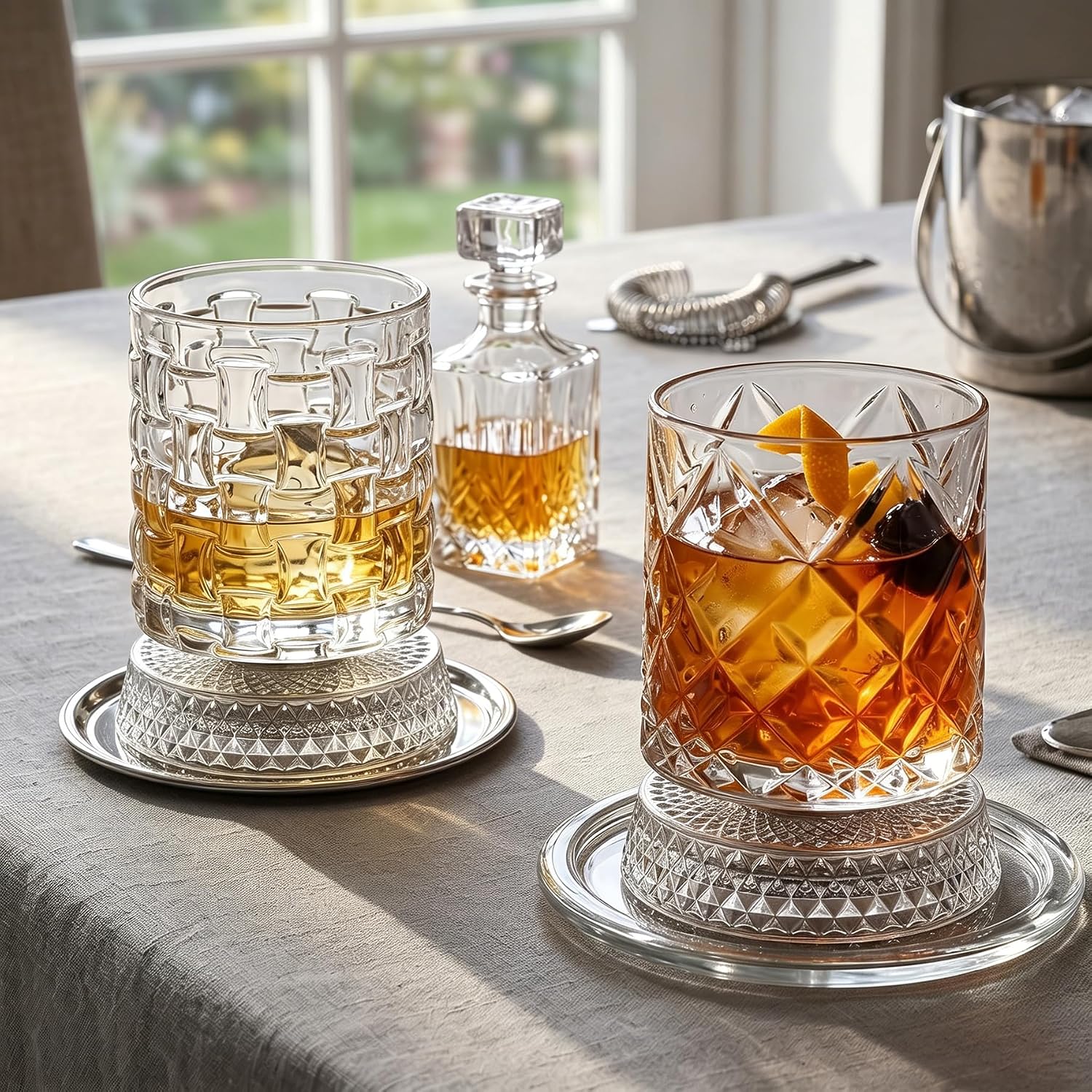 Rotating Whiskey Glass 360 Degree Spinning Old Fashioned Crystal Clear Rocks Glasses for Scotch Bourbon Stress Relief Birthday Gift for Men (Diamond Texture)