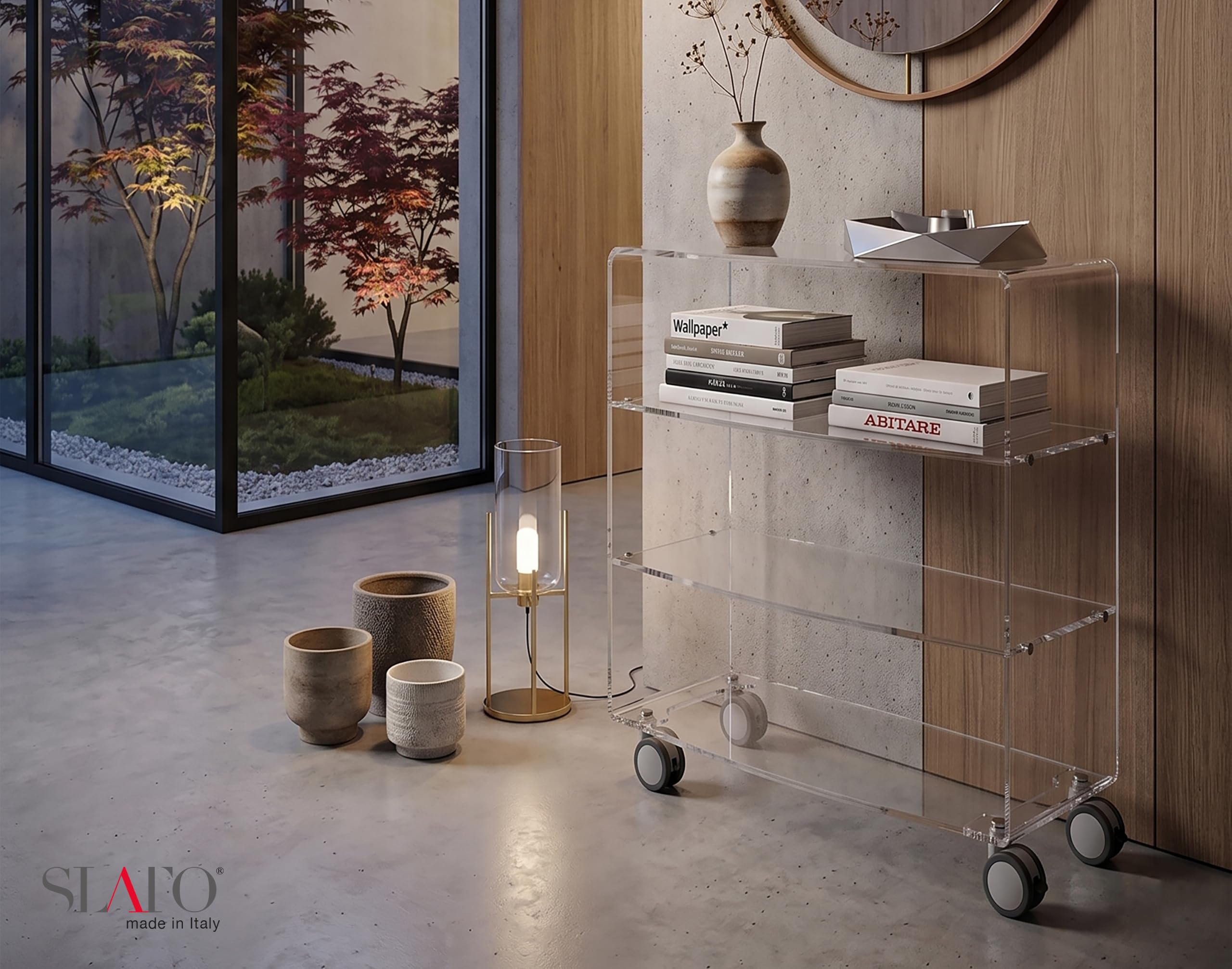Slato Esperia - mobiletto vetrinetta con ruote in cristallo acrilico trasparente da soggiorno o camera da letto a quattro ripiani, Libreria, Salotto, design moderno Made in Italy, cm. 32× 67 × h 82