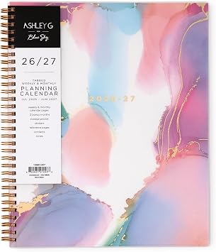 Blue Sky Ashley G 2026-2027 Weekly and Monthly Academic Year Planner Calendar, July 2026 - June 2027, 8.5" x 11", Flexible Cover, Wirebound, Laminated Tabs, Storage Pocket, Includes Sticker Sheet, Multi Color Smoke