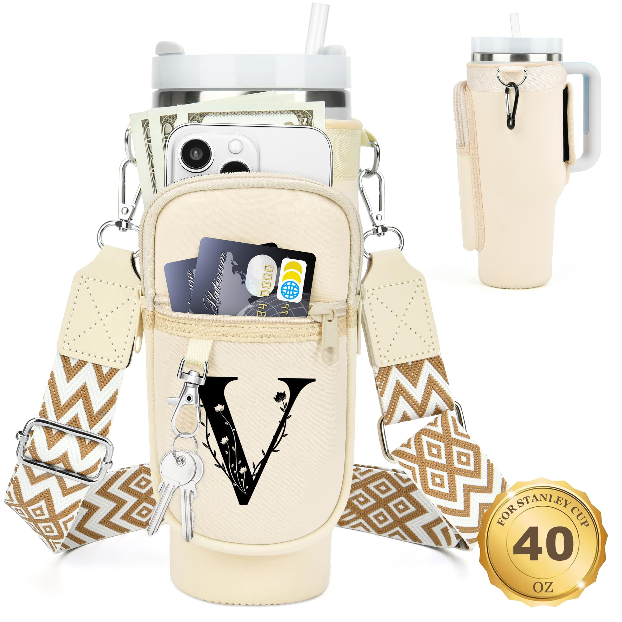 Initial Water Bottle Holder with Strap for Stanley Cup 40 oz Tumbler