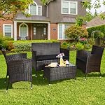 COSTWAY 4 Pieces Rattan Patio Furniture Set, Outdoor Wicker Chairs with Coffee Table, Rattan Cushioned Conversation Set for Backyard Balcony Porch Poolside, Black | Outdoor Wicker Rattan Chairs with Coffee Table, Rattan Cushioned Conversation Set for