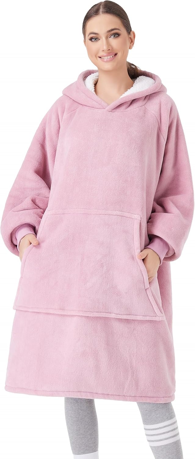 CozyLeep Wearable Blanket Hoodie Women Men, Warm Sherpa Oversized Hooded Blanket Sweatshirt Gifts for Adluts Mom Girlfriend (Pink)